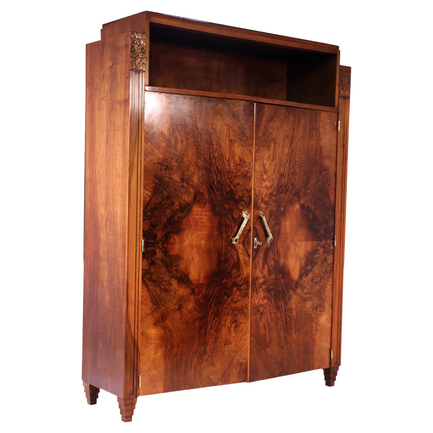French Art Deco Walnut Library Bookcase For Sale