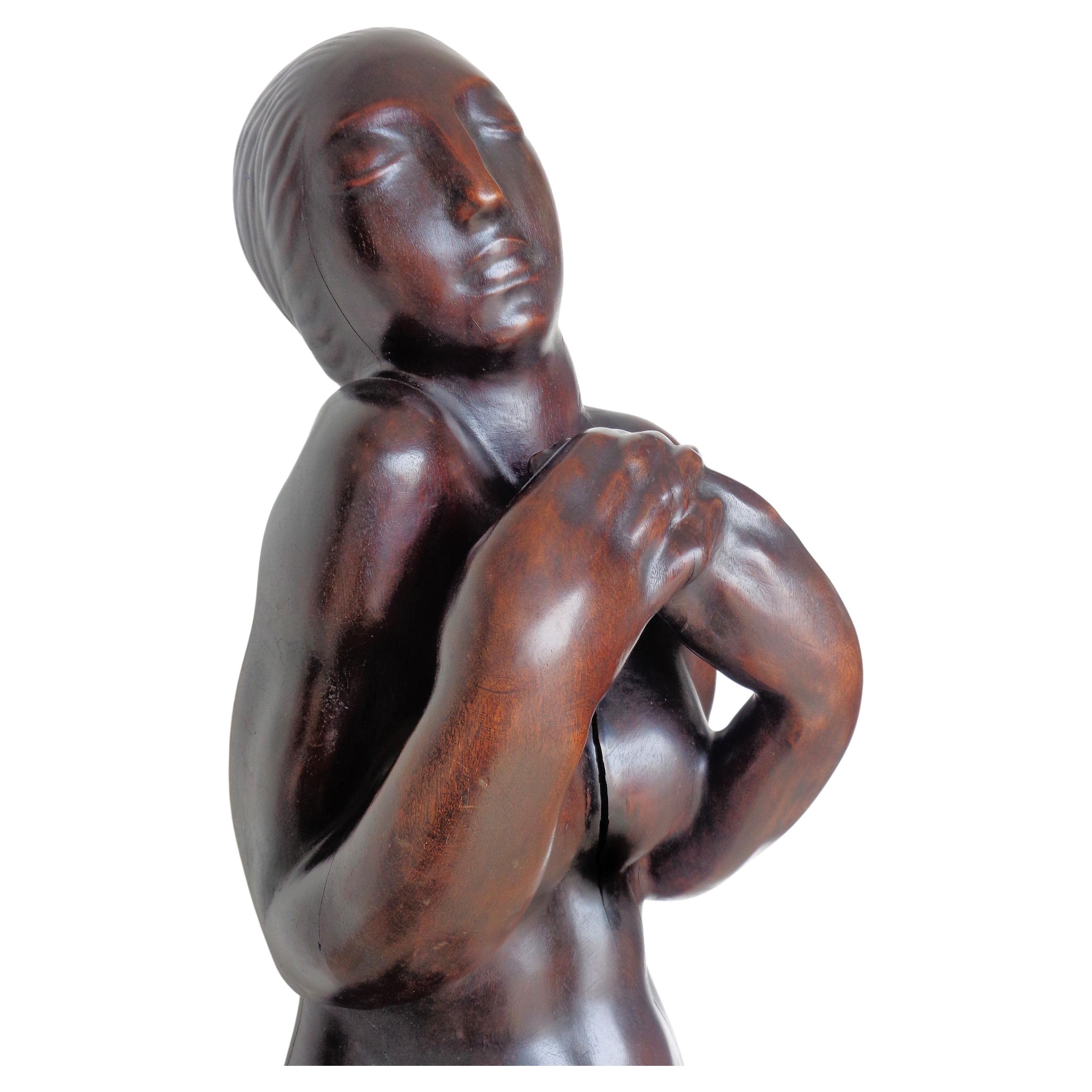 French Art Deco Walnut Sculpture Nude Woman, circa 1920 For Sale 5