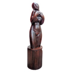 French Art Deco Walnut Sculpture of a Nude Woman, circa 1920