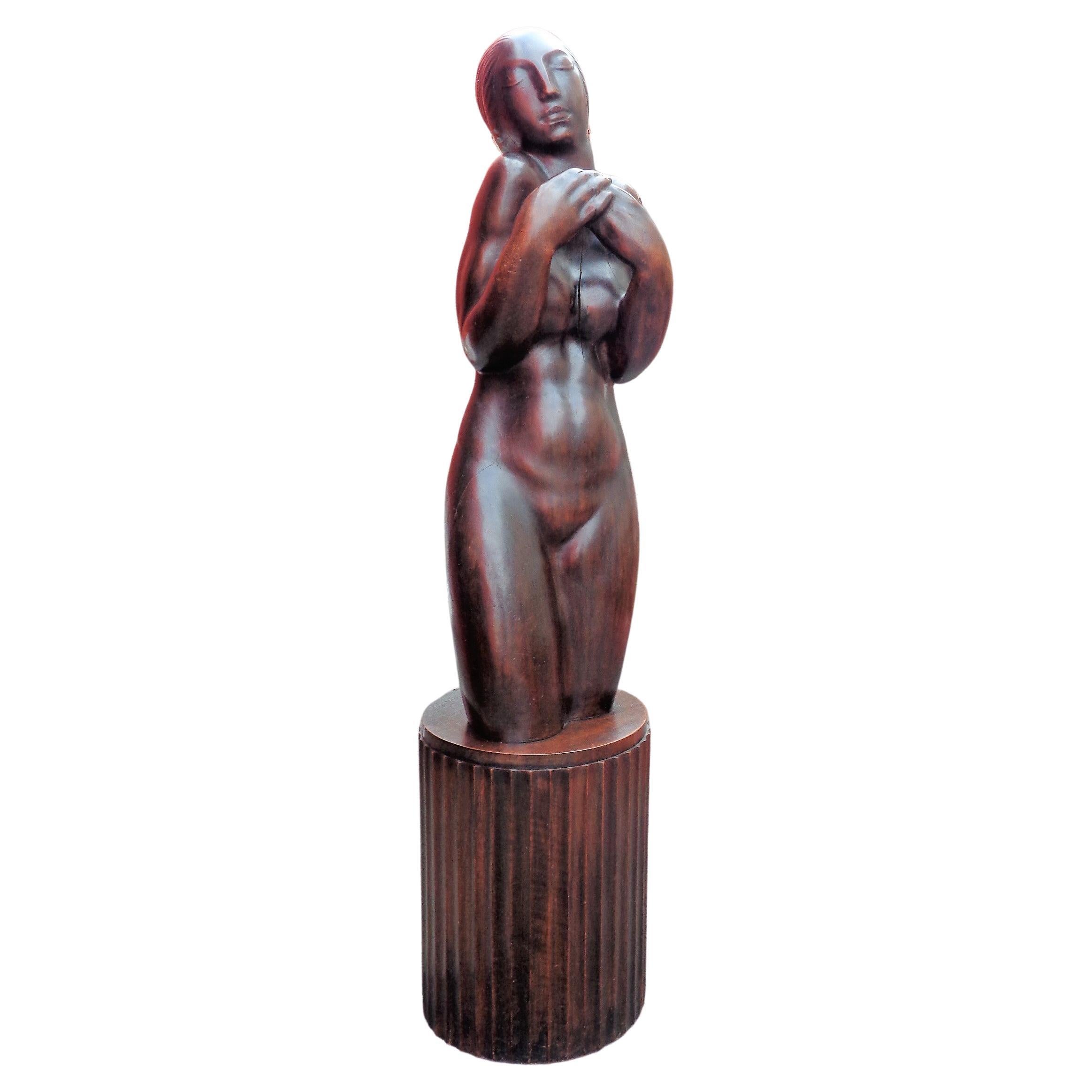 French Art Deco Walnut Sculpture Nude Woman, circa 1920 For Sale