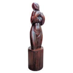 French Art Deco Walnut Sculpture Nude Woman, circa 1920