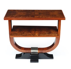 French Art Deco Walnut Side Table with ebonised base and chromed mount , 1925.