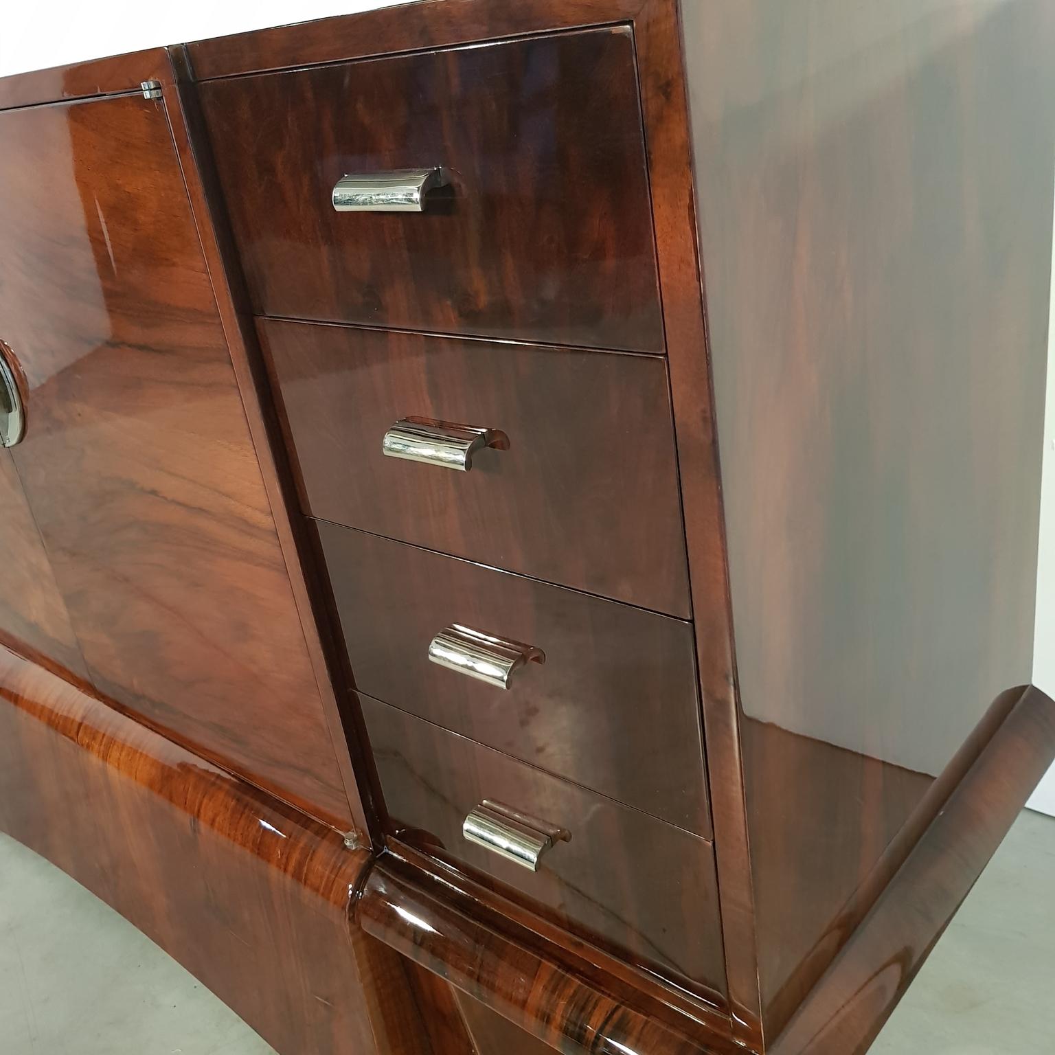 Nickel French Art Deco Walnut Sideboard, 1930s For Sale