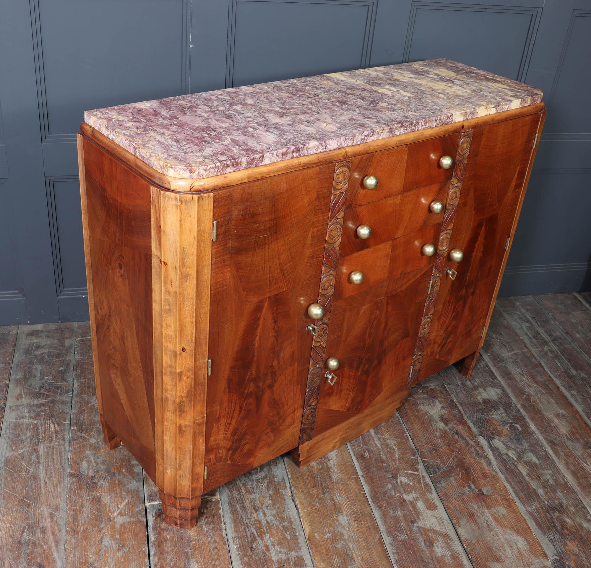 French Art Deco Walnut Sideboard with Marble Top – c.1930s im Angebot 3