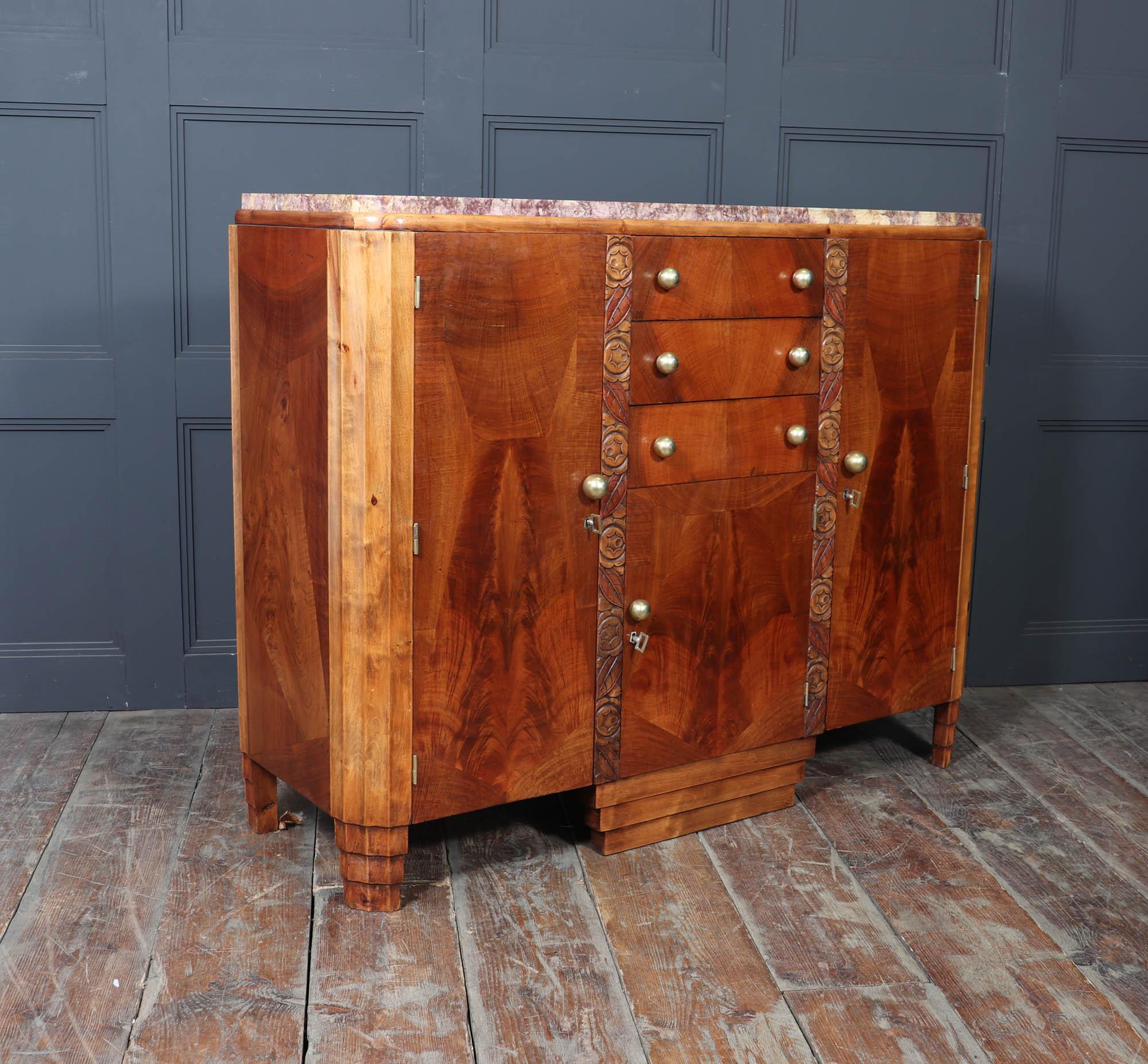 French Art Deco Walnut Sideboard with Marble Top – c.1930s im Angebot 4