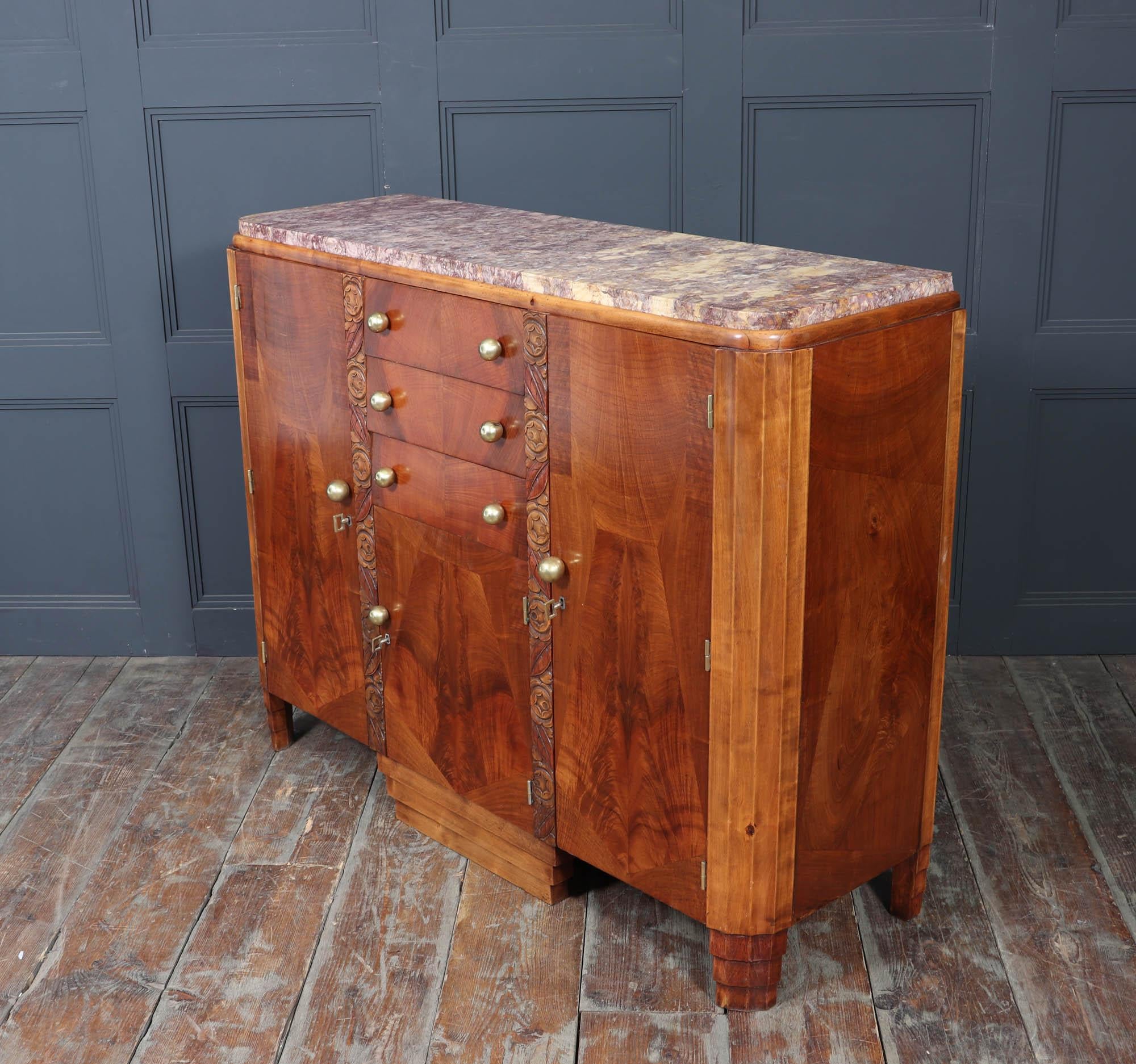 French Art Deco Walnut Sideboard with Marble Top – c.1930s im Angebot 5