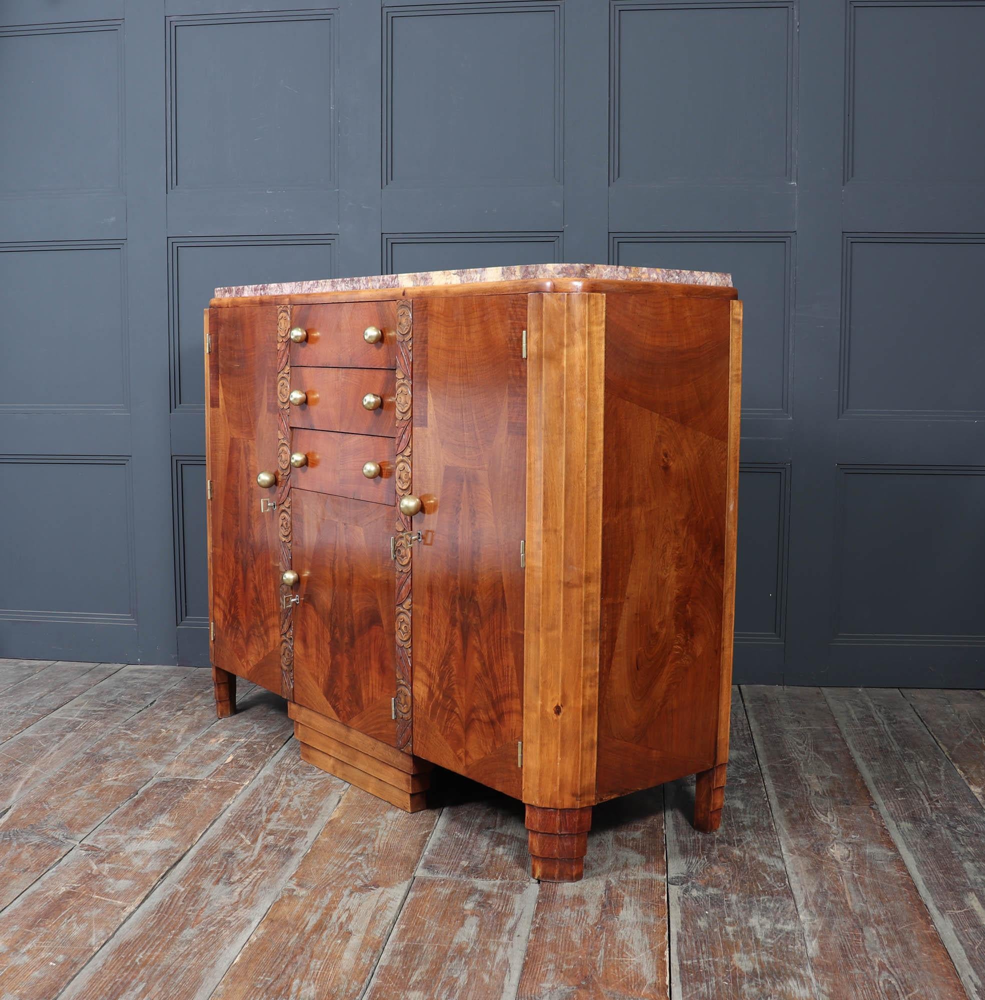 French Art Deco Walnut Sideboard with Marble Top – c.1930s im Angebot 6