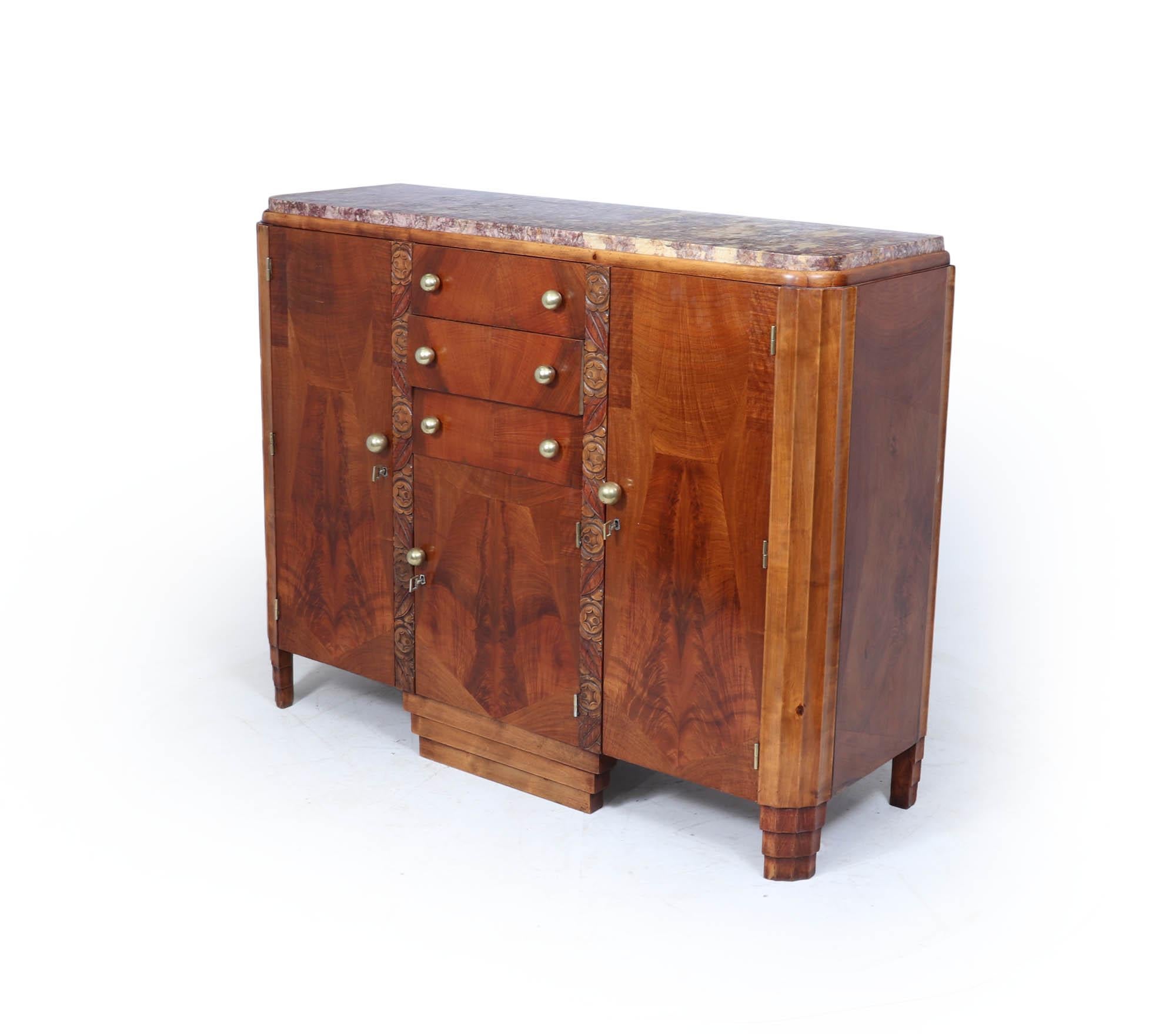 French Art Deco Walnut Sideboard with Marble Top – c.1930s im Angebot 7