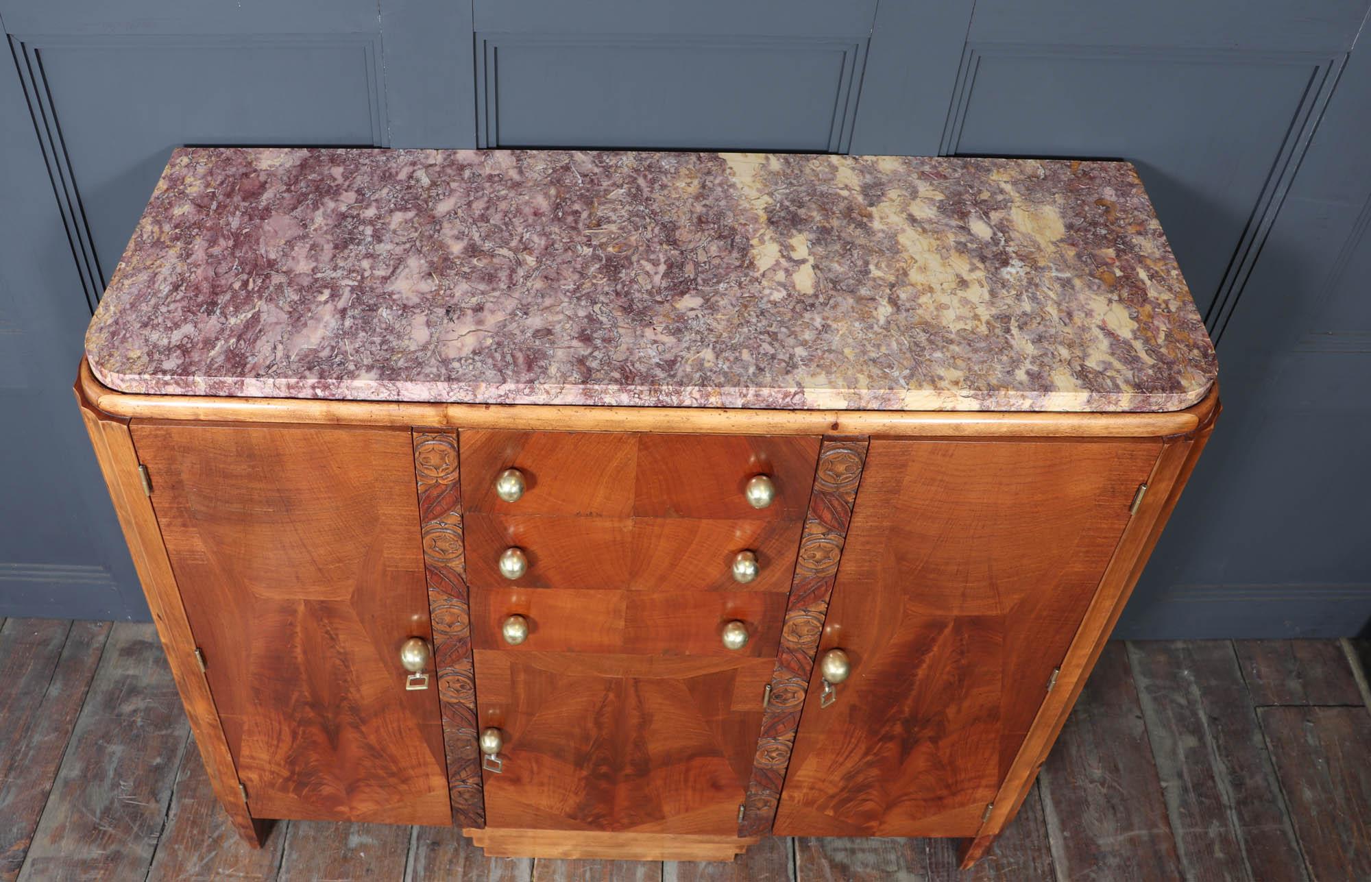 French Art Deco Walnut Sideboard with Marble Top – c.1930s (Französisch) im Angebot