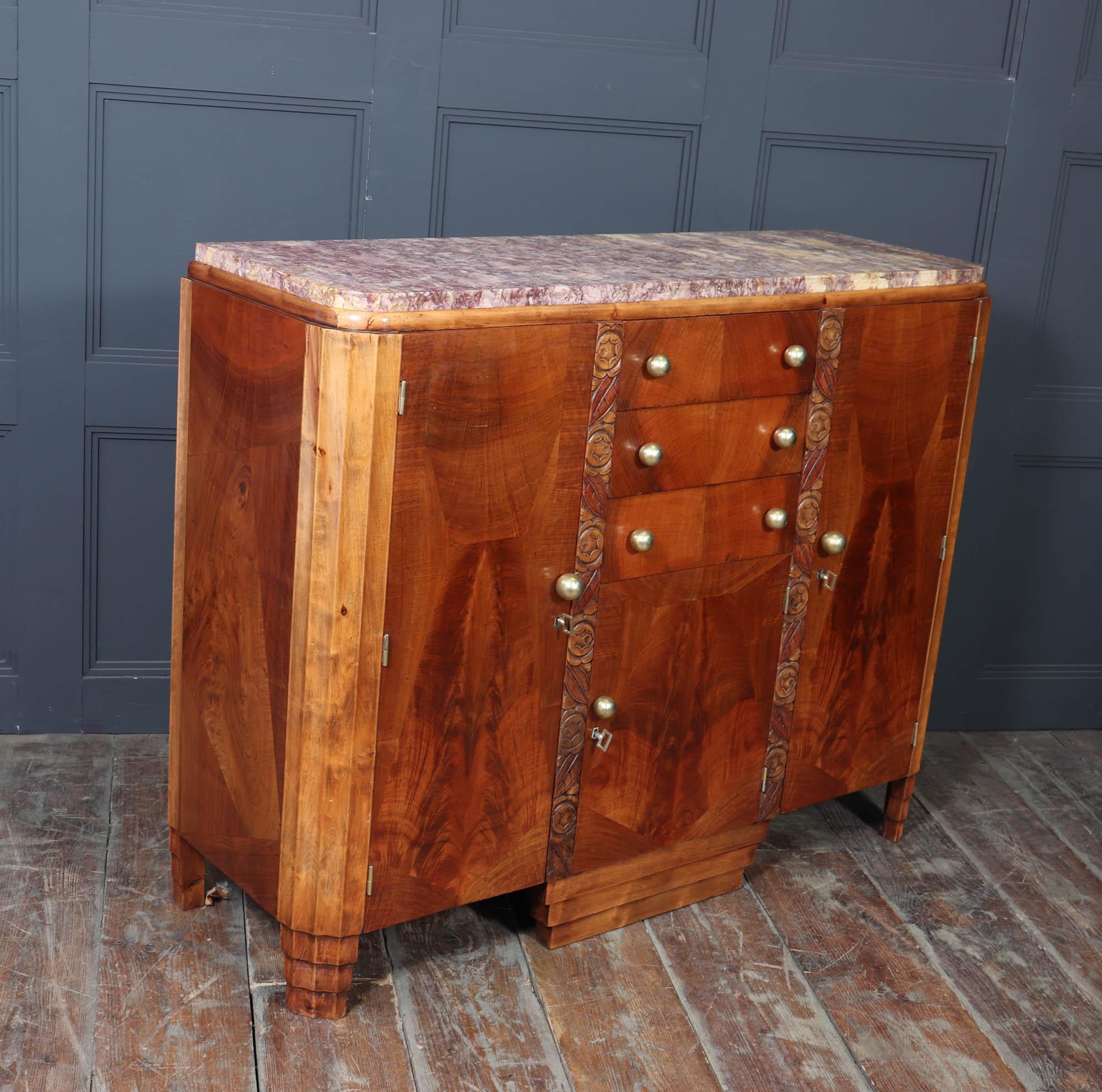 French Art Deco Walnut Sideboard with Marble Top – c.1930s im Angebot 2