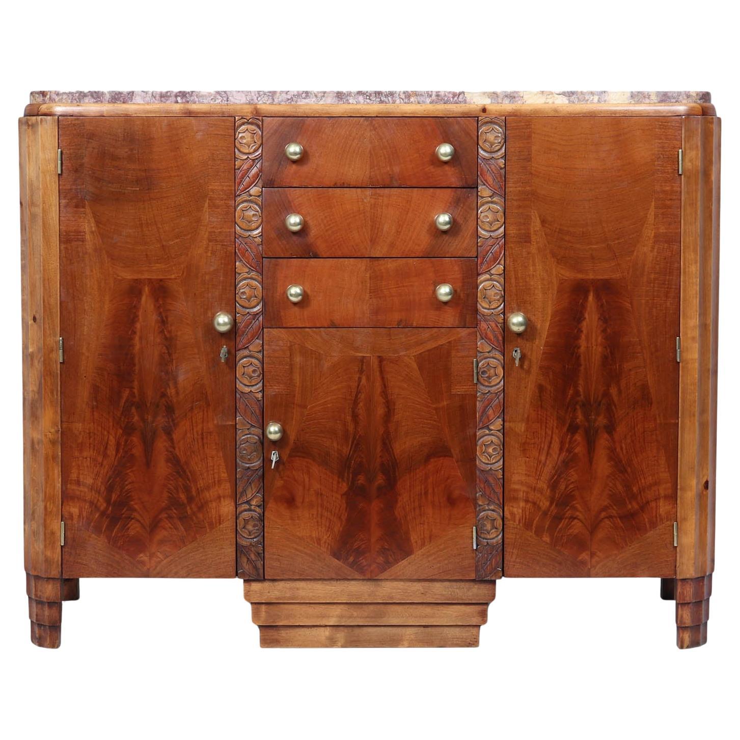 French Art Deco Walnut Sideboard with Marble Top – c.1930s im Angebot