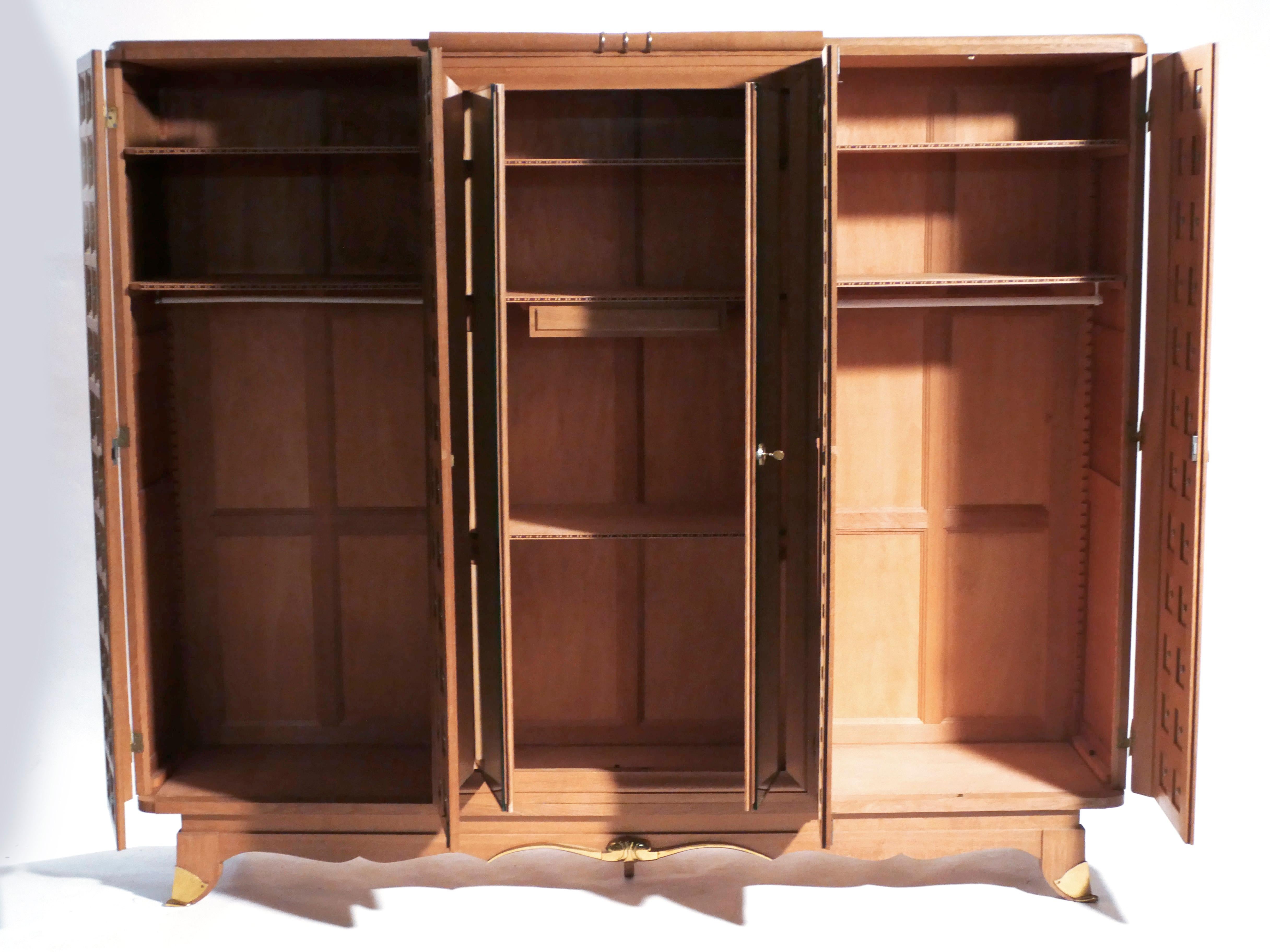Mid-20th Century French Art Deco Wardrobe in Solid Oak and Brass, 1940s