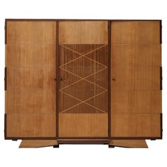 French Art Deco Large Cabinet in Walnut Veneer and Oak