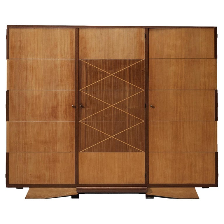 French Art Deco Large Cabinet in Walnut Veneer and Oak For Sale
