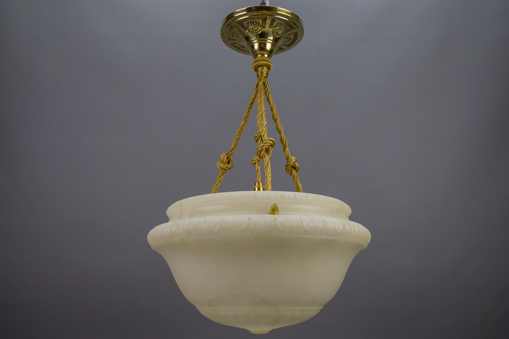 Bronze French Art Deco White Alabaster and Brass Pendant Light Fixture, circa 1920s For Sale