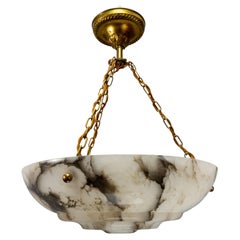 French Art Deco White Alabaster and Brass Three-Light Pendant Light, 1920s