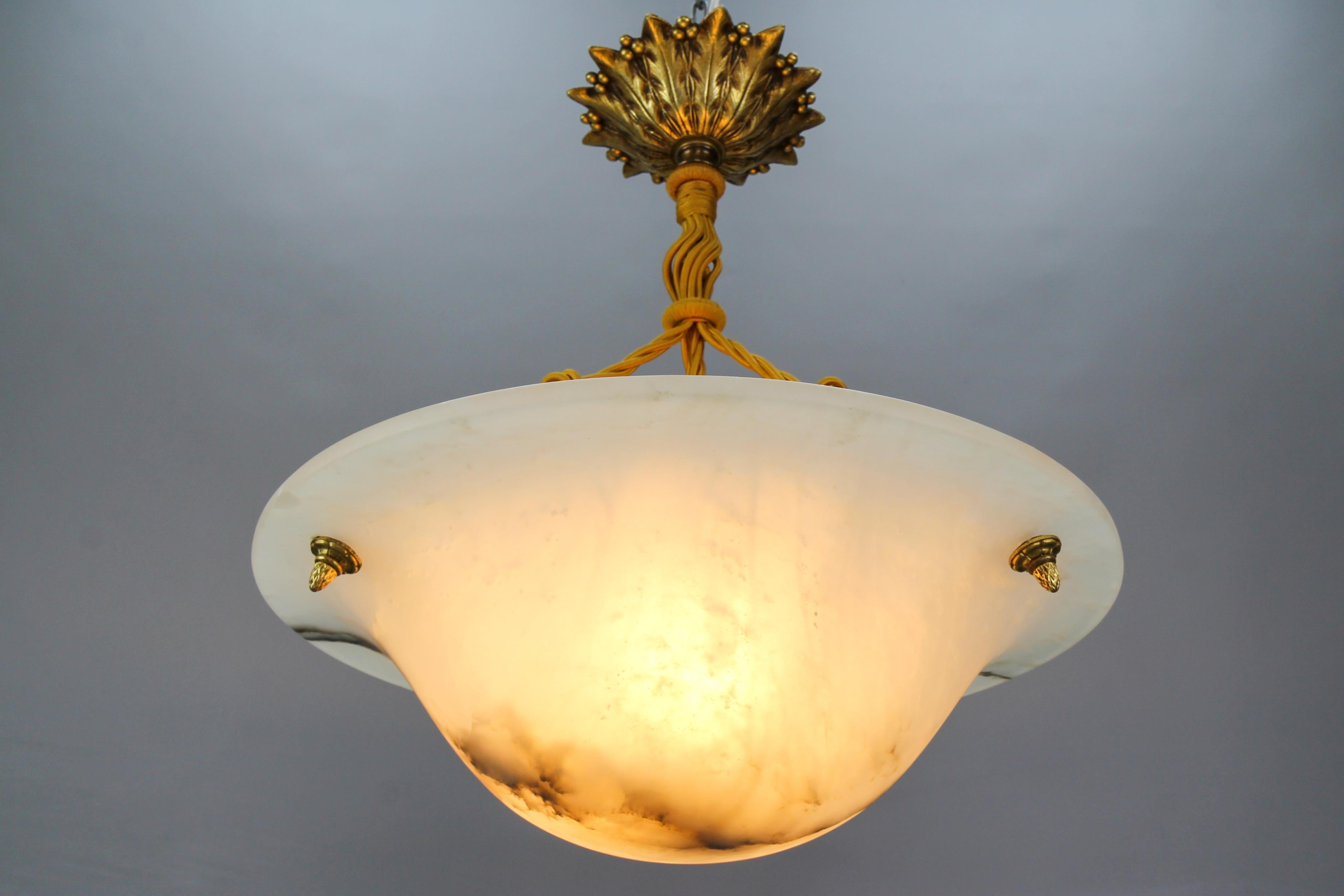 French Art Deco White Alabaster and Bronze Pendant Light Fixture, ca. 1920 5