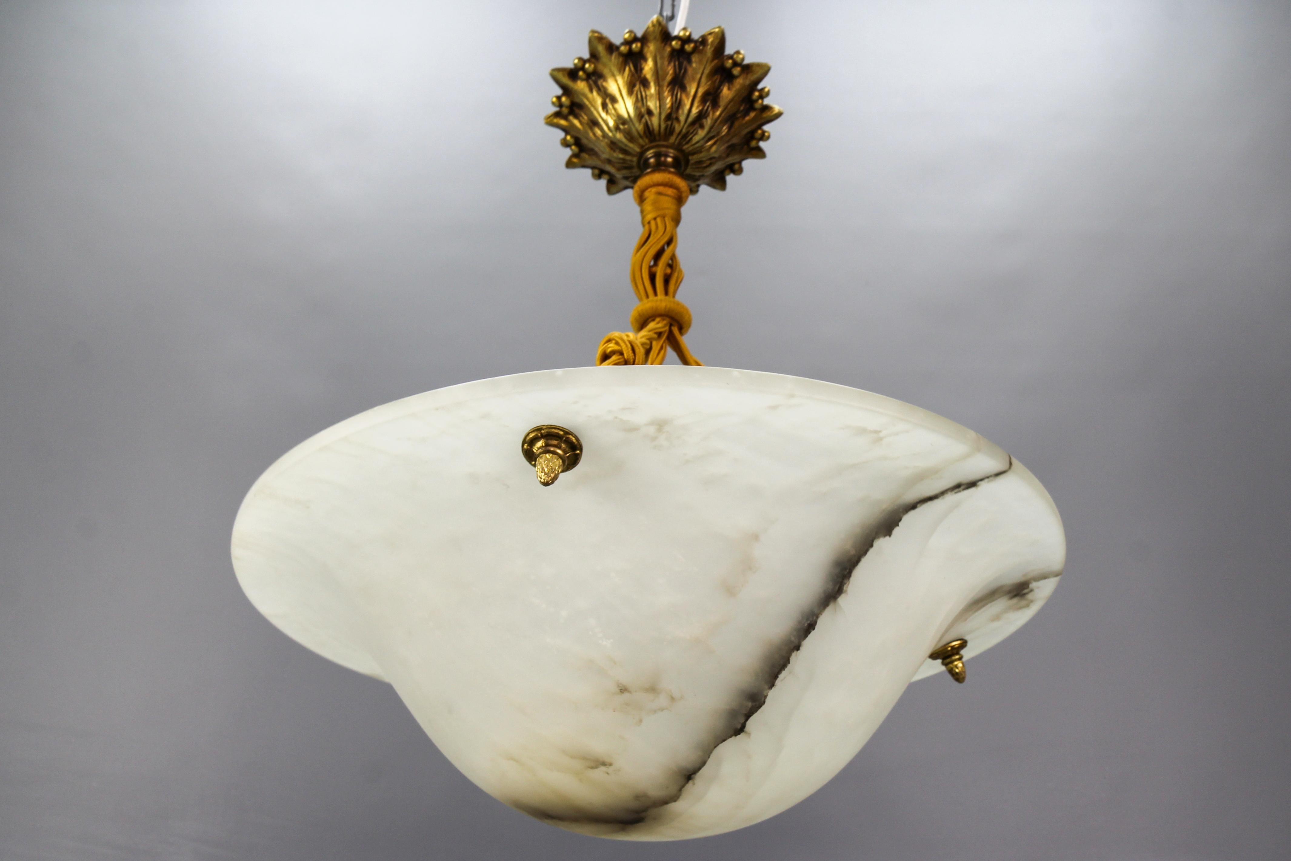 French Art Deco White Alabaster and Bronze Pendant Light Fixture, ca. 1920 6