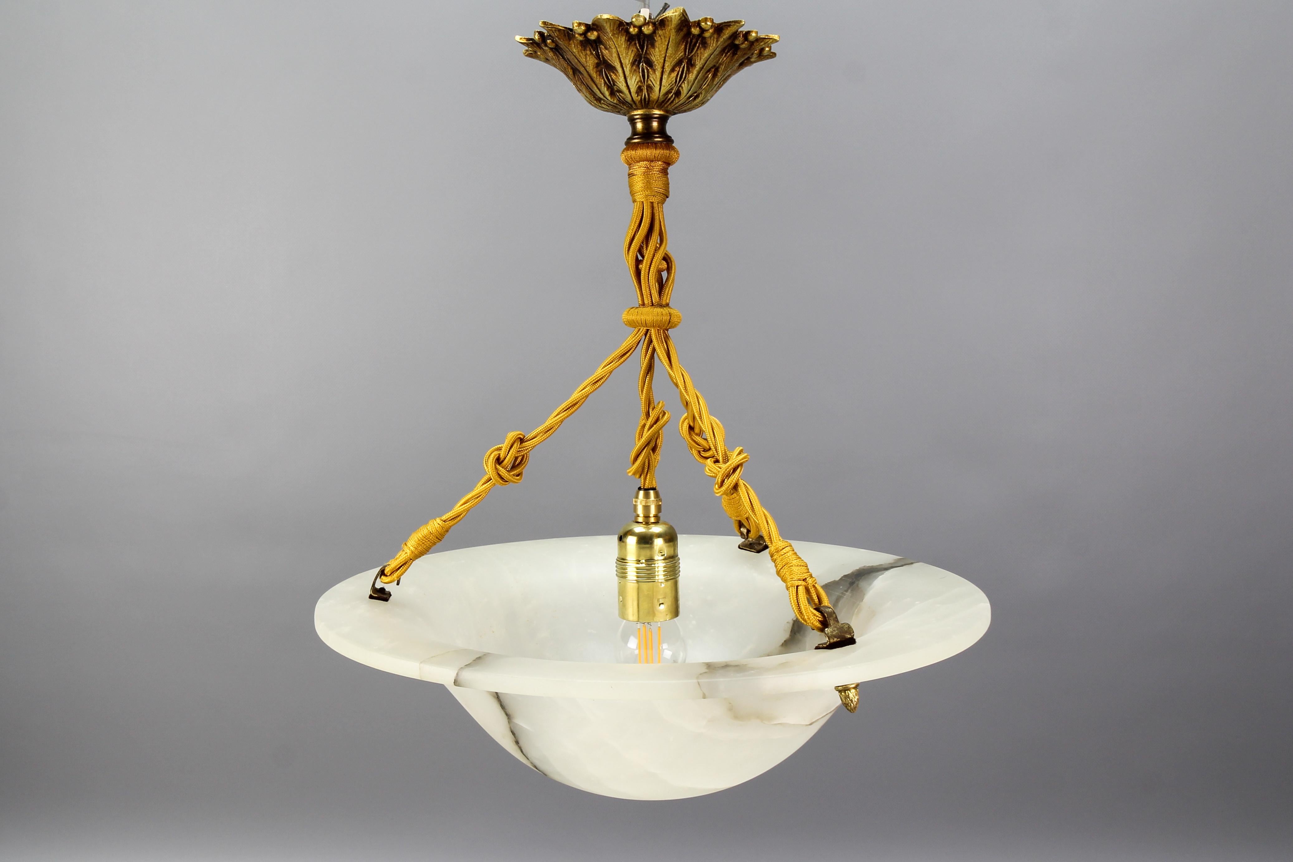 French Art Deco White Alabaster and Bronze Pendant Light Fixture, ca. 1920 7
