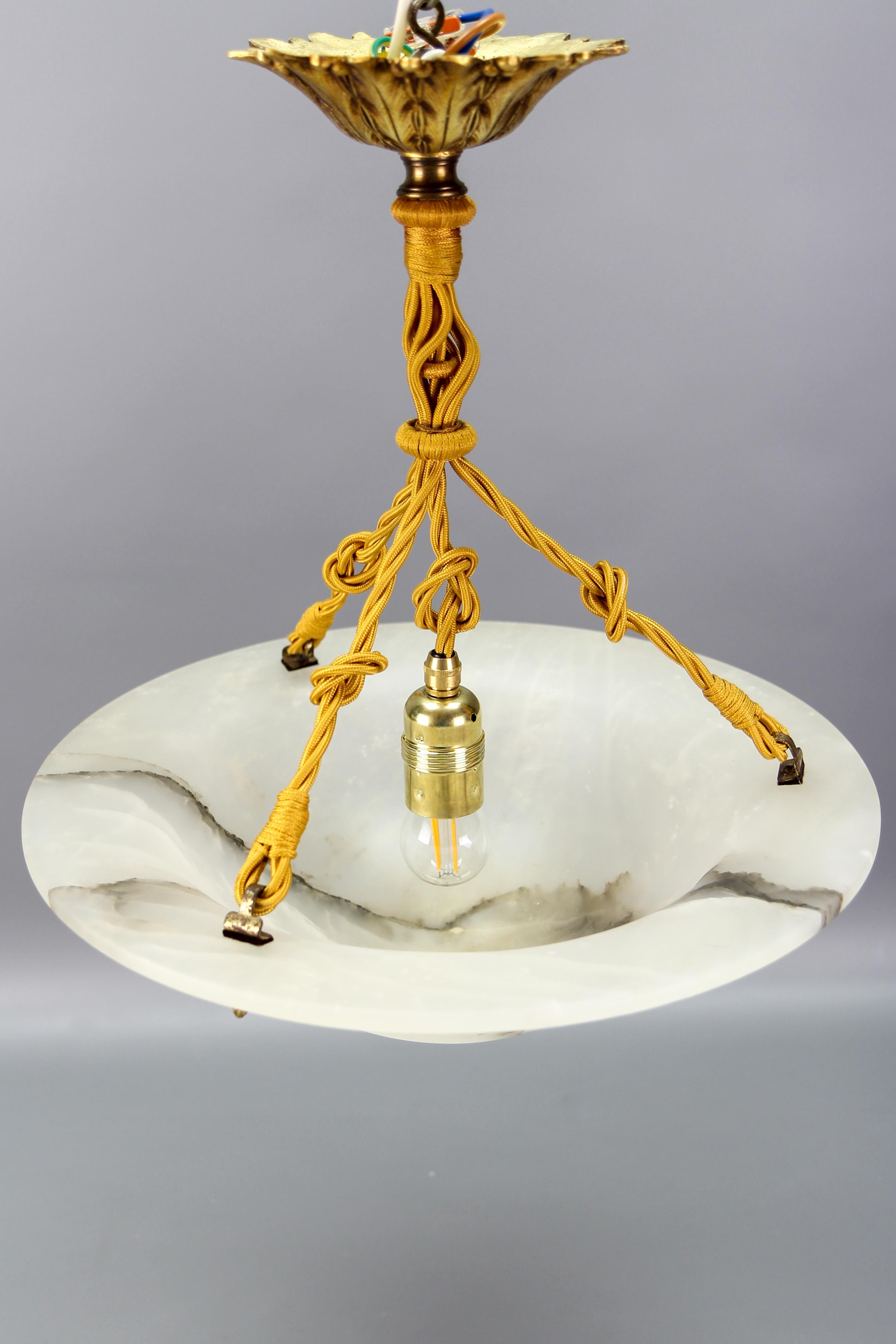 French Art Deco White Alabaster and Bronze Pendant Light Fixture, ca. 1920 10