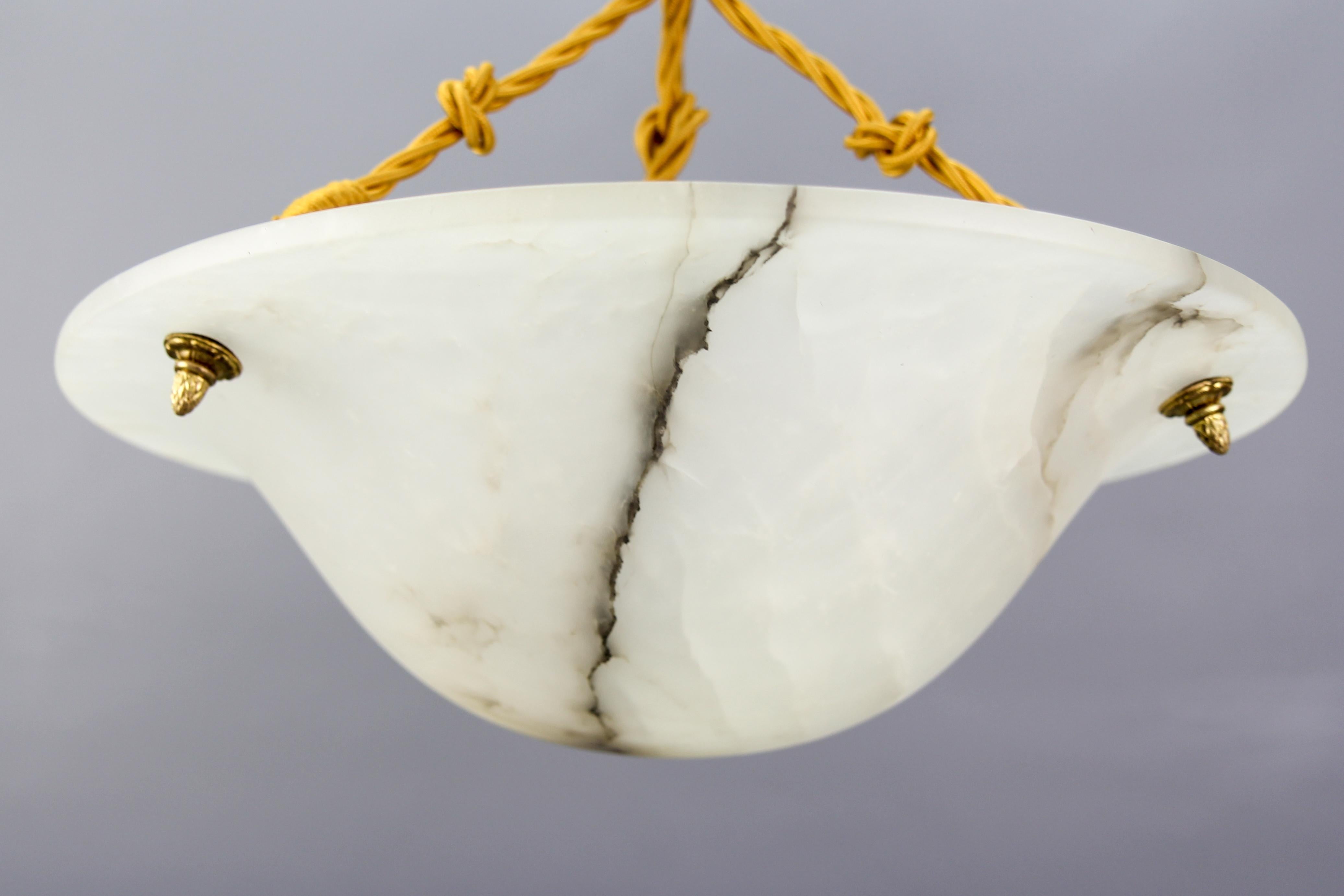 French Art Deco White Alabaster and Bronze Pendant Light Fixture, ca. 1920 14