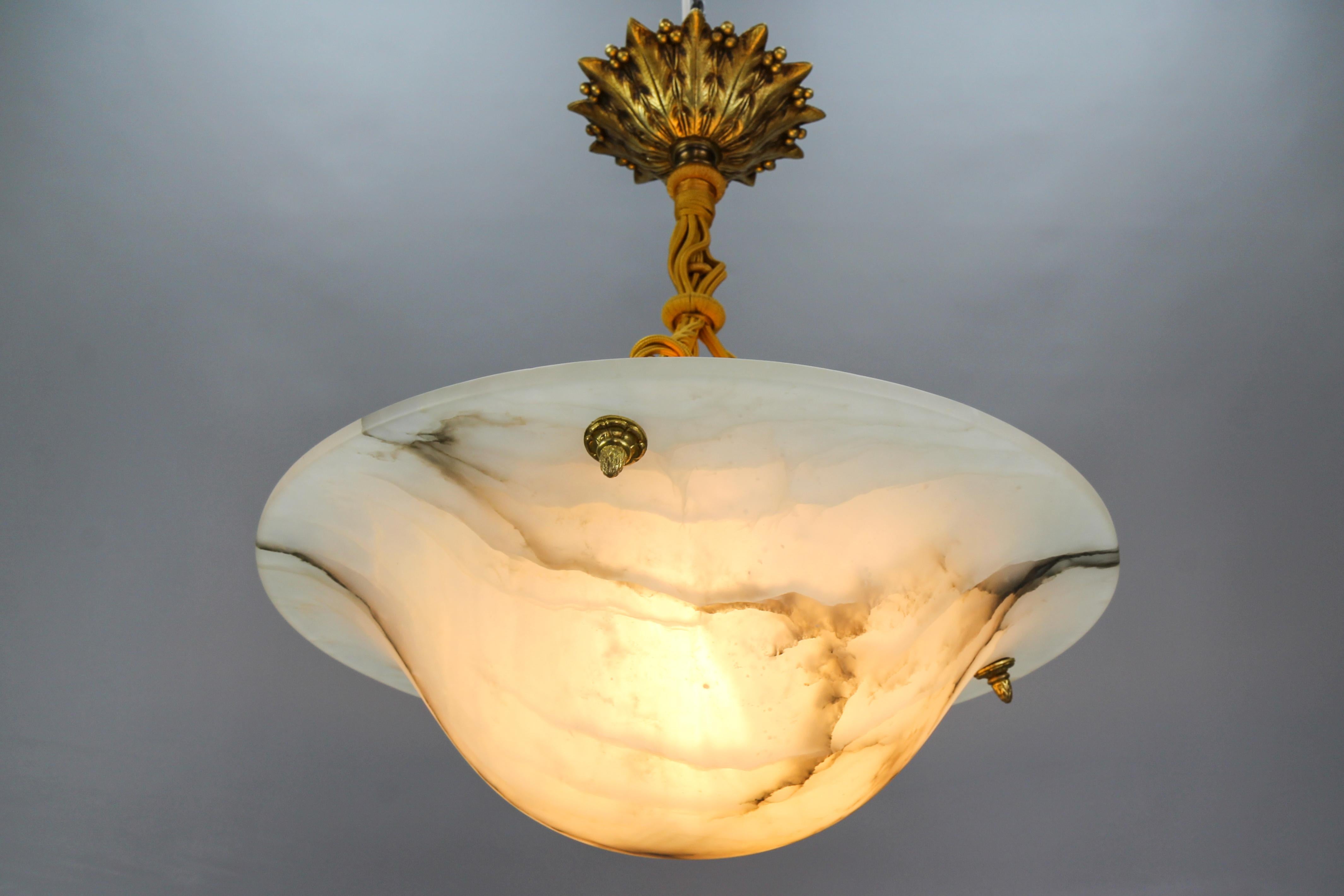 French Art Deco White Alabaster and Bronze Pendant Light Fixture, ca. 1920 15