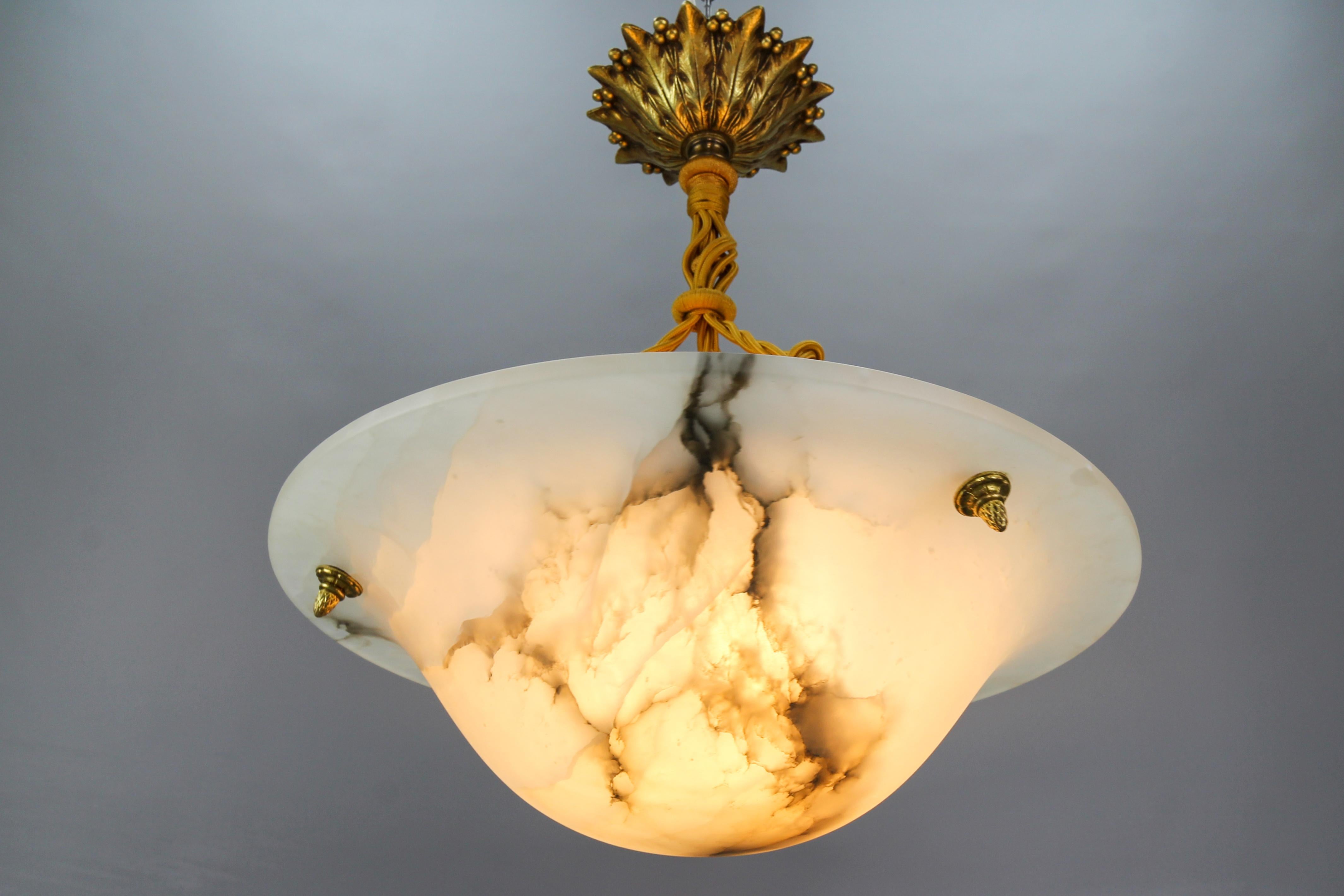 German French Art Deco White Alabaster and Bronze Pendant Light Fixture, ca. 1920