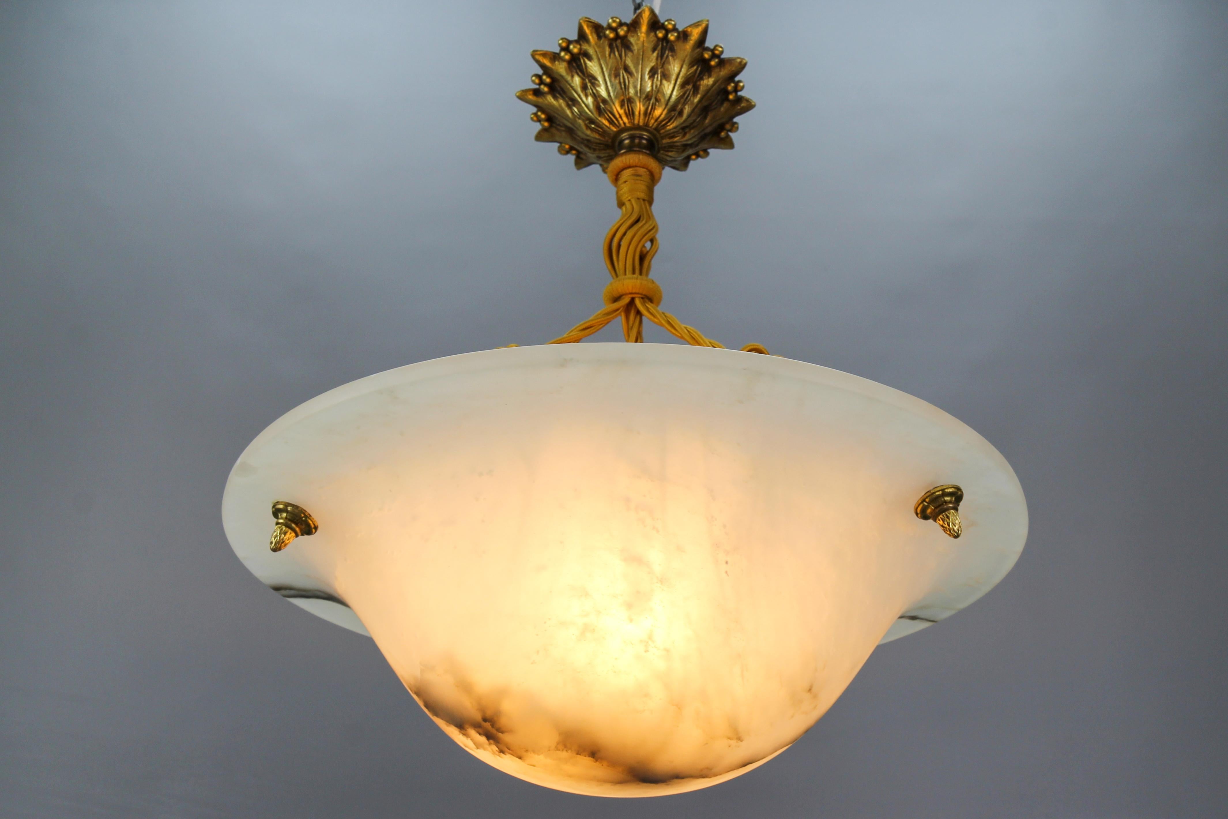 Early 20th Century French Art Deco White Alabaster and Bronze Pendant Light Fixture, ca. 1920