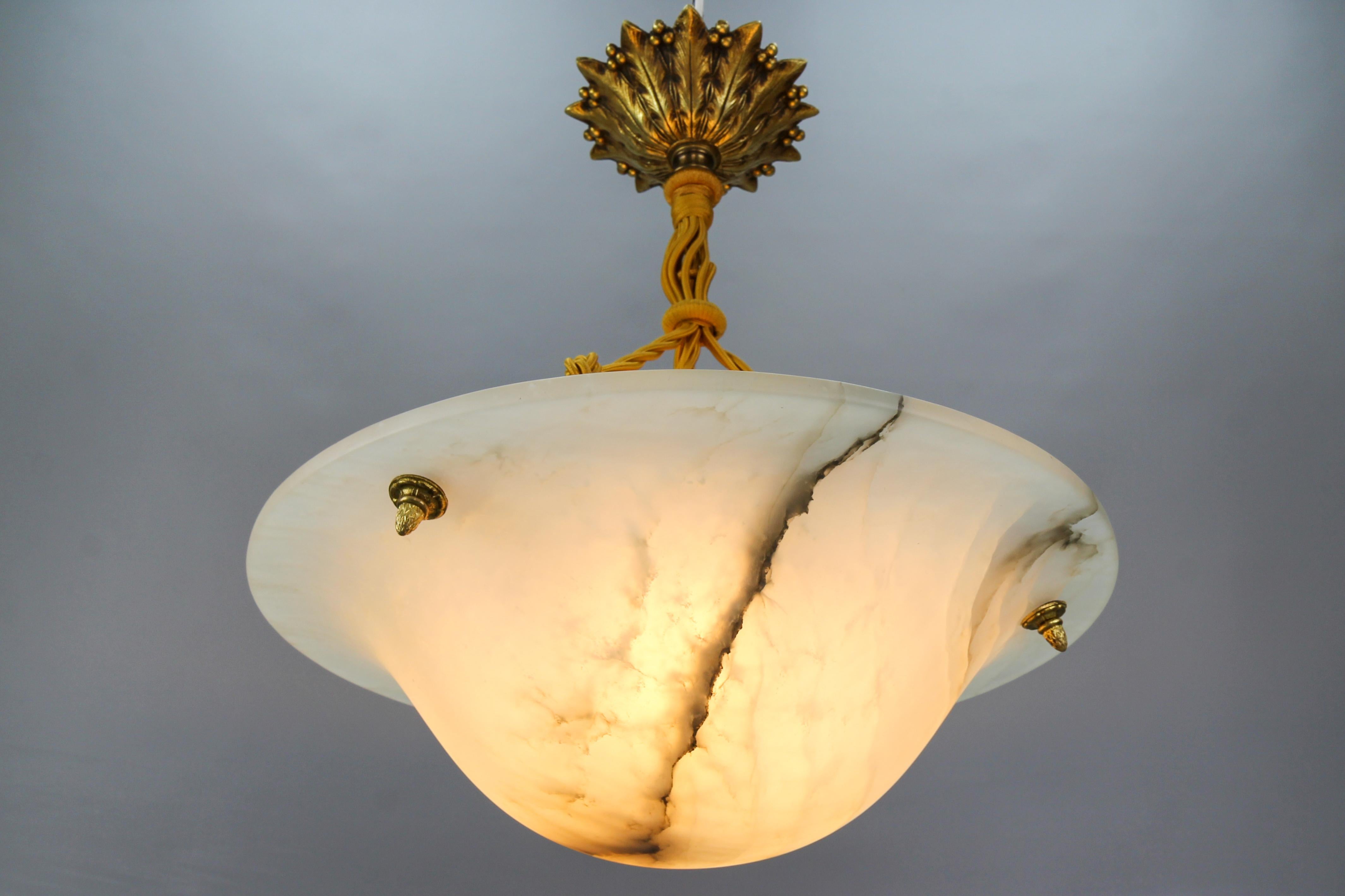 French Art Deco White Alabaster and Bronze Pendant Light Fixture, ca. 1920 1