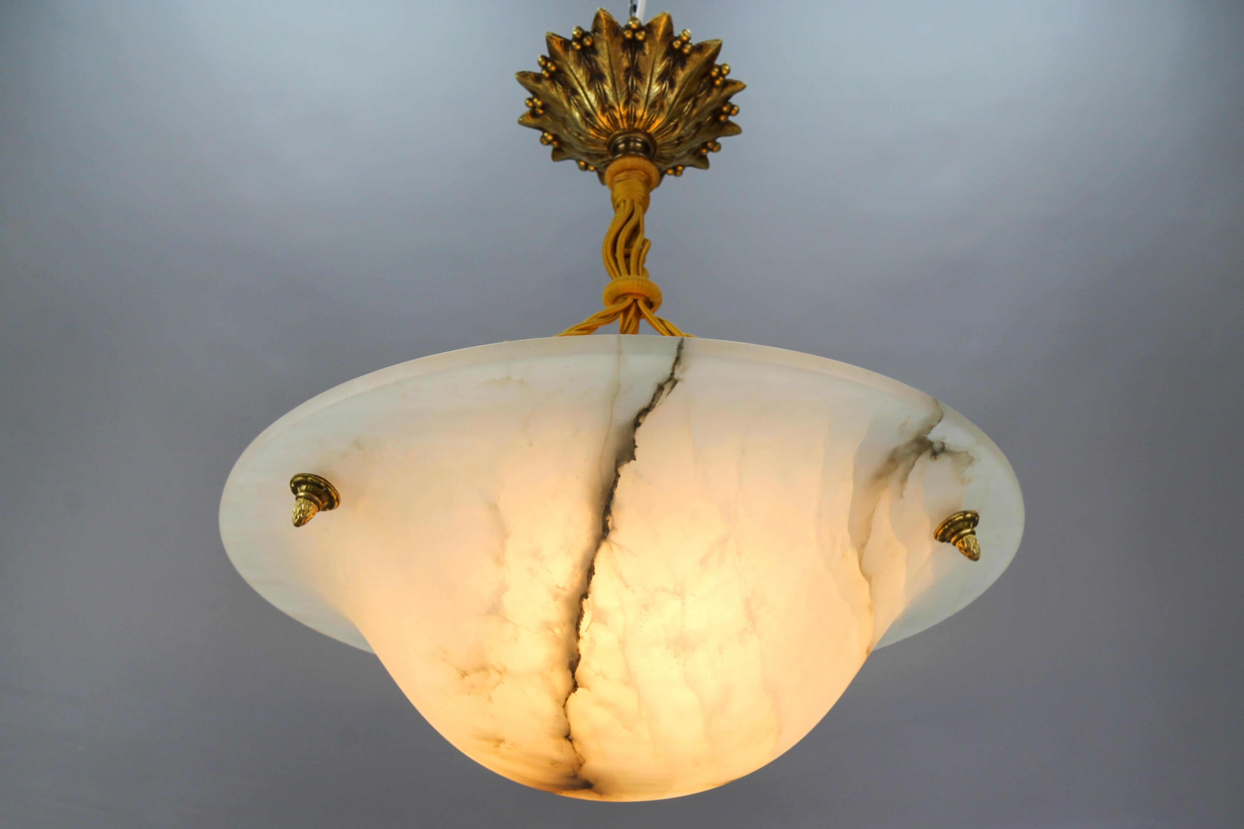 French Art Deco White Alabaster and Bronze Pendant Light Fixture, ca. 1920 2