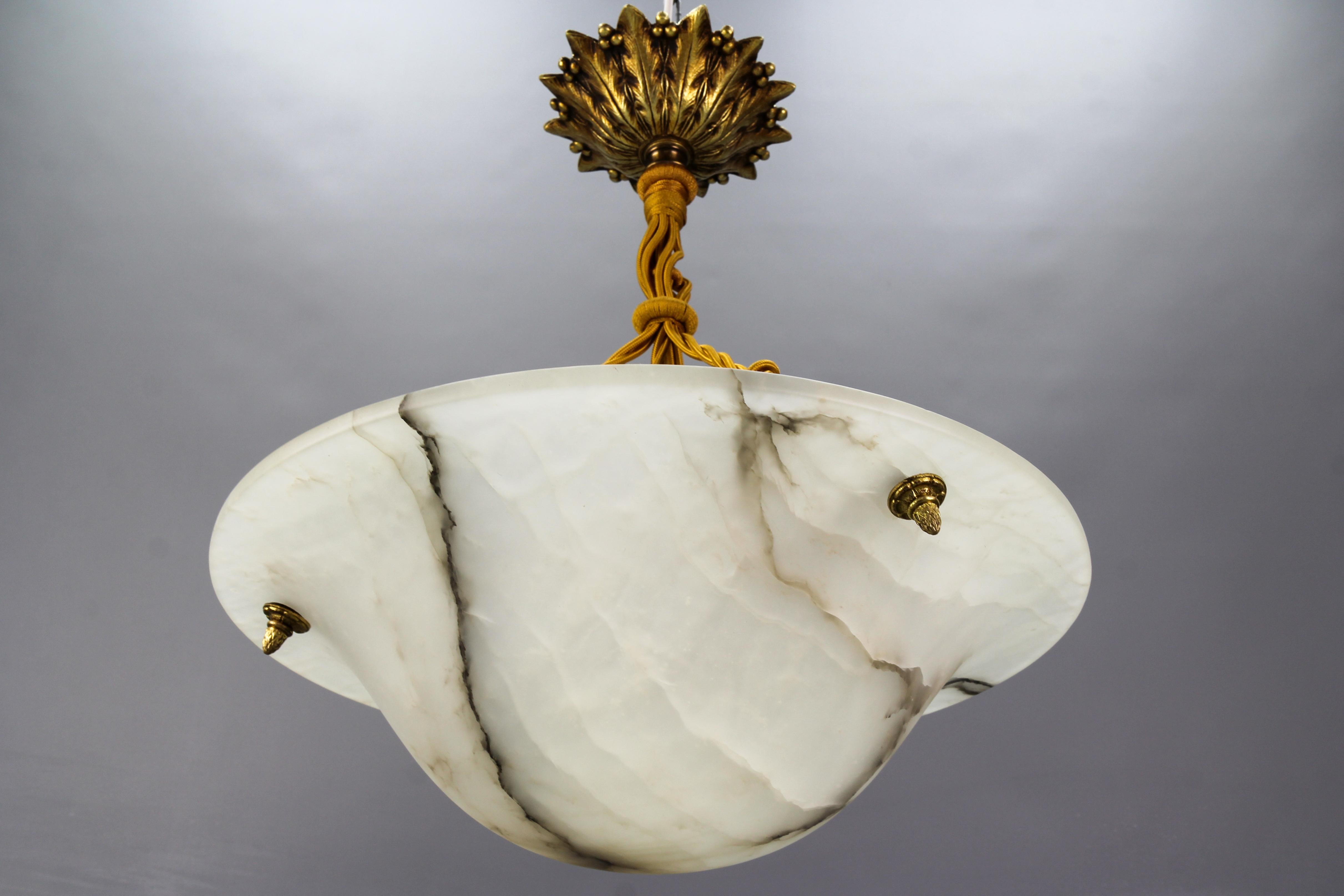 French Art Deco White Alabaster and Bronze Pendant Light Fixture, ca. 1920 3