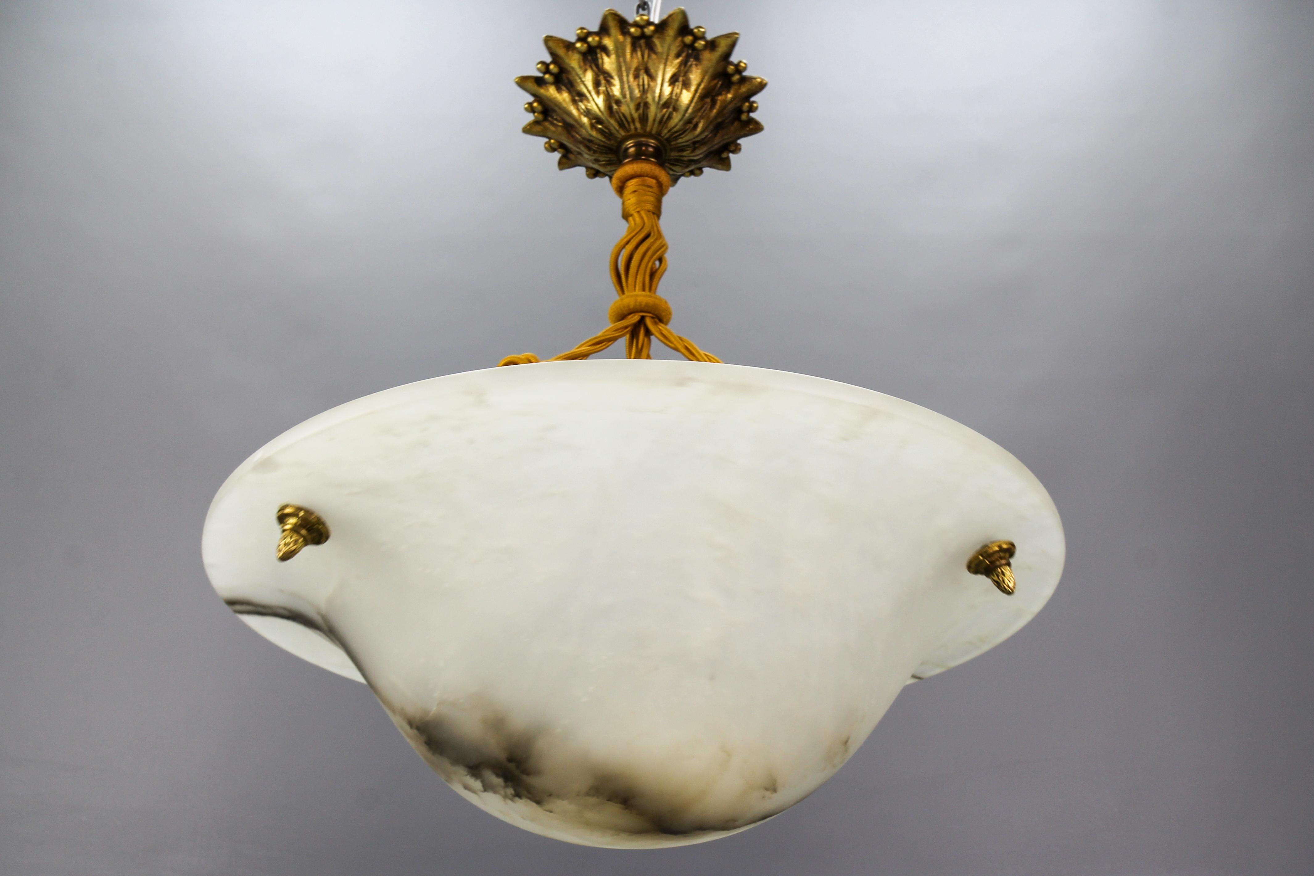 French Art Deco White Alabaster and Bronze Pendant Light Fixture, ca. 1920 4