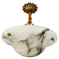 French Art Deco White Alabaster and Bronze Pendant Light Fixture, ca. 1920