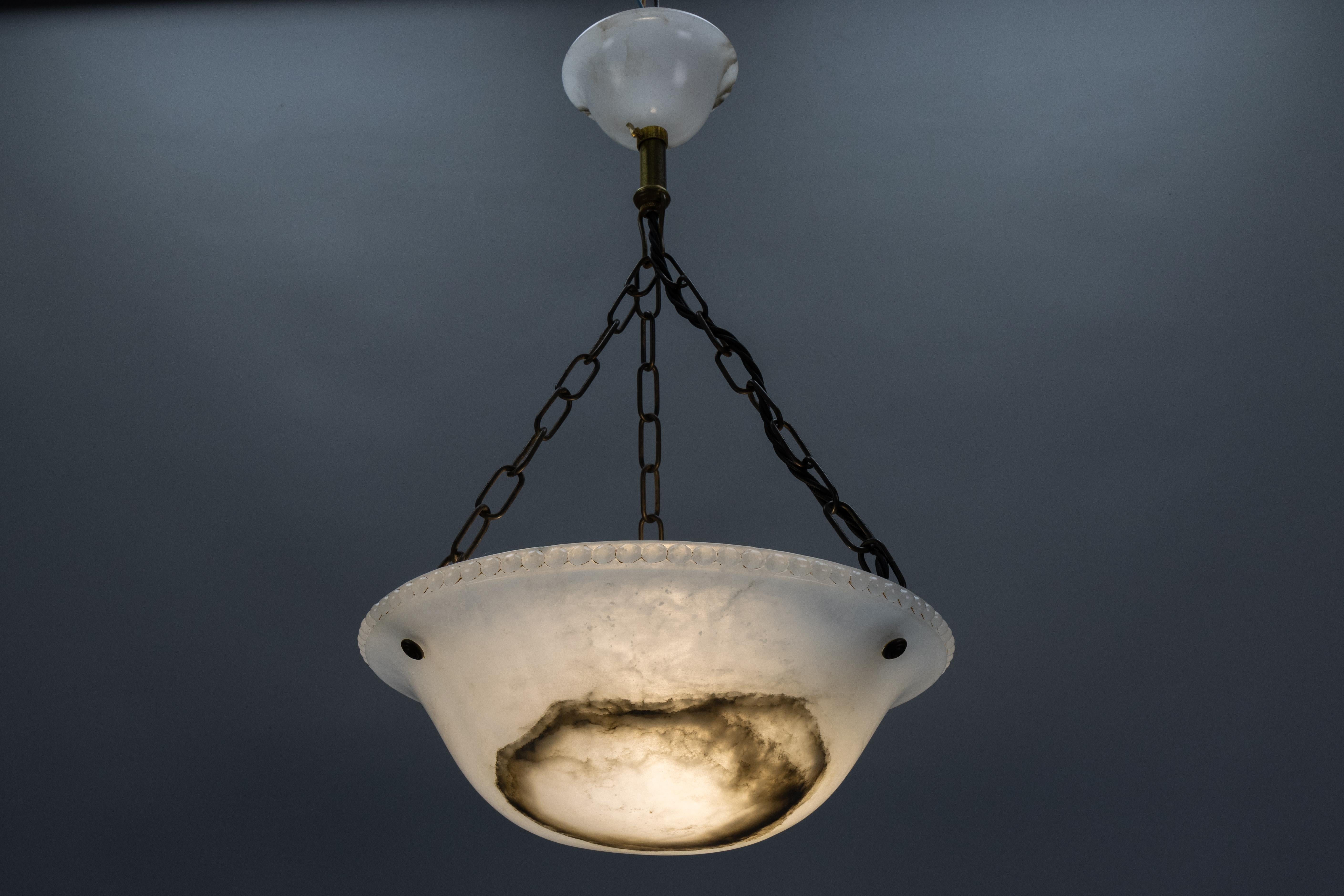 Brass French Art Deco White Alabaster Pendant Light, ca 1920 For Sale