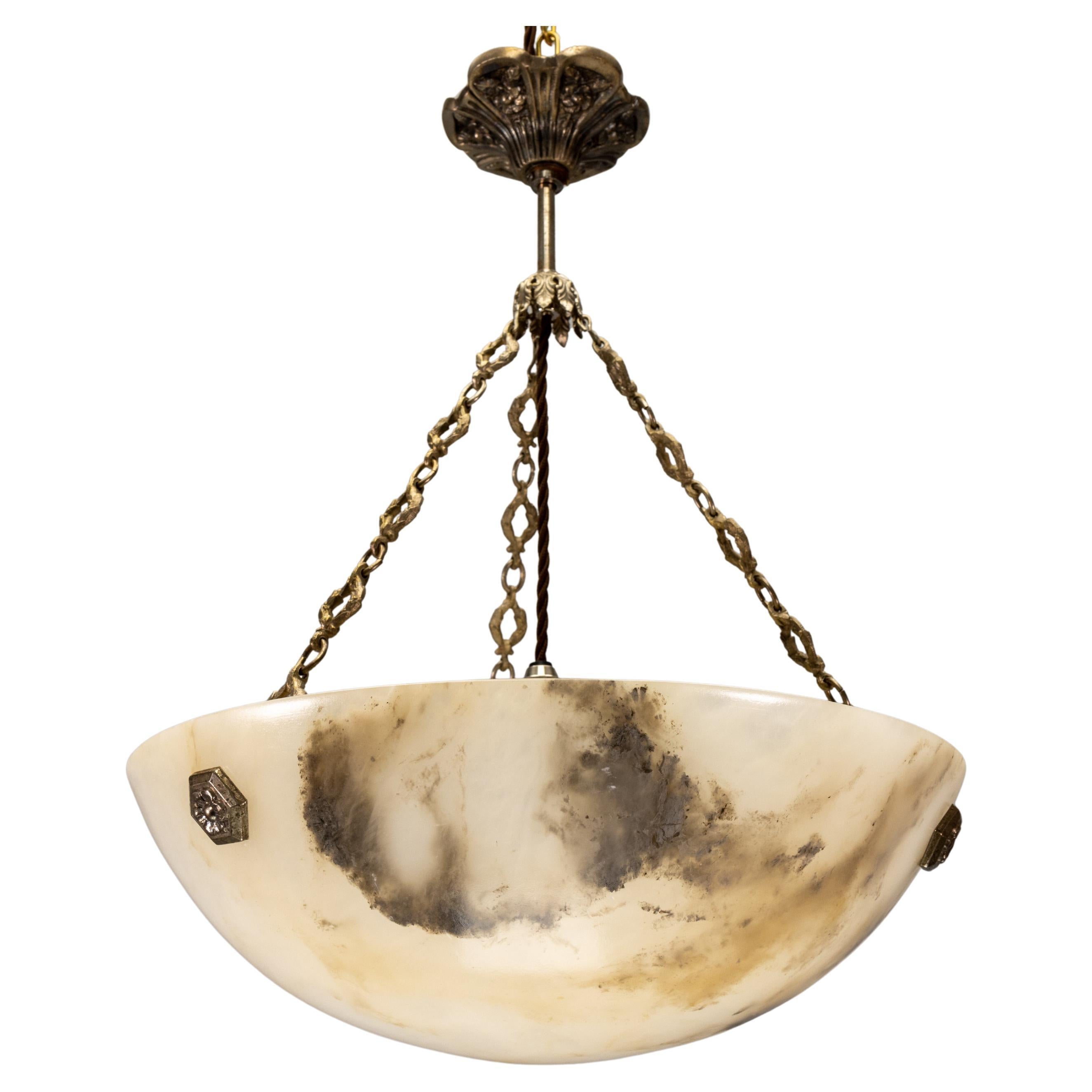 French Art Deco White Alabaster Pendant Light with Brass Details, ca. 1920 For Sale