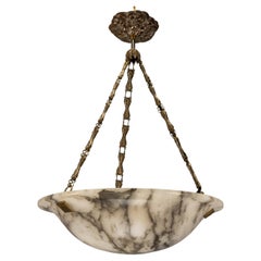 French Art Deco White Alabaster Pendant Light with Dark Veining, circa 1920