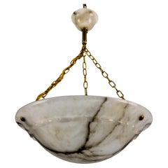 Antique French Art Deco White Alabaster with Dark Veins Pendant Light, ca 1920
