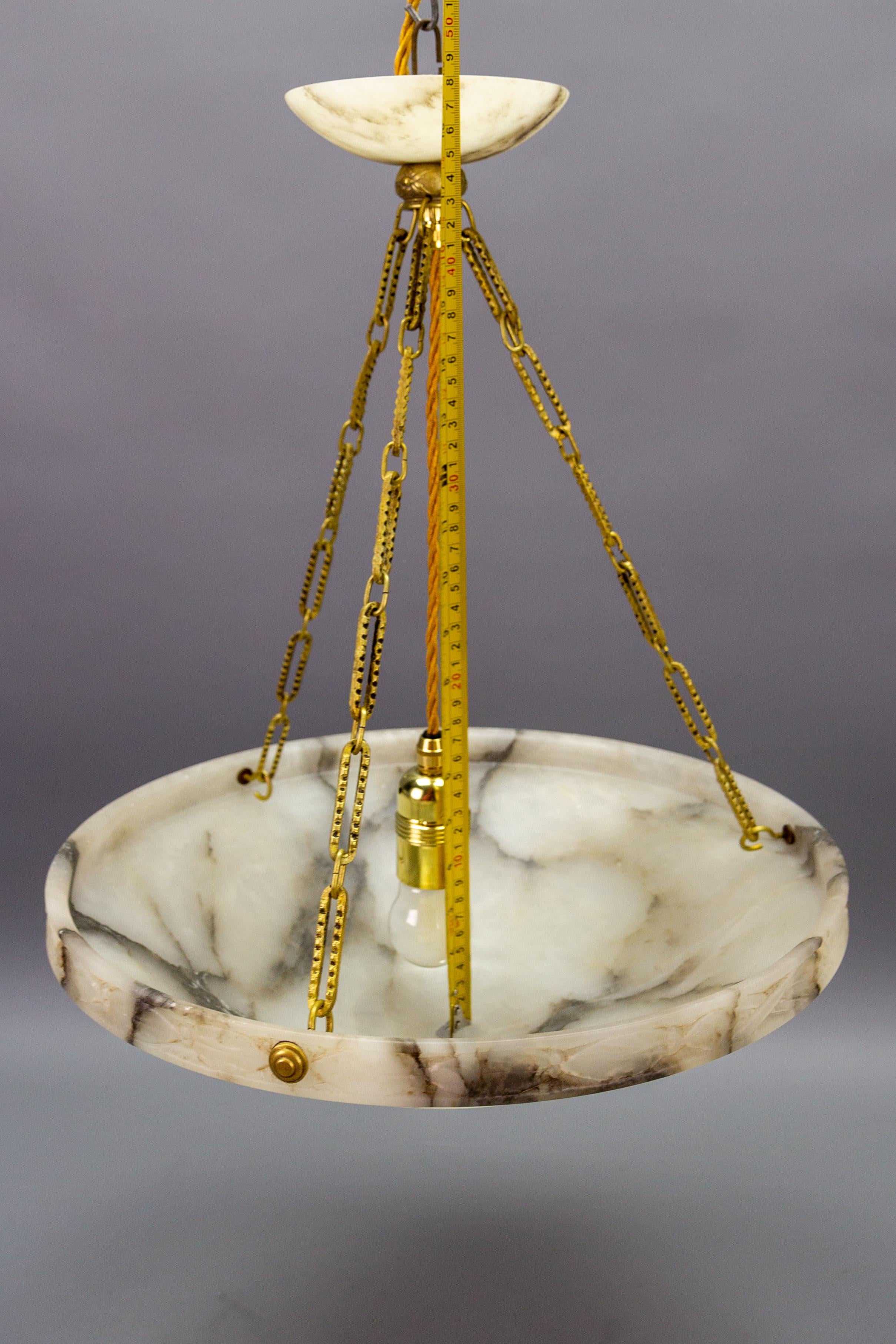 French Art Deco White and Black Alabaster and Brass Pendant Light, ca 1920 10
