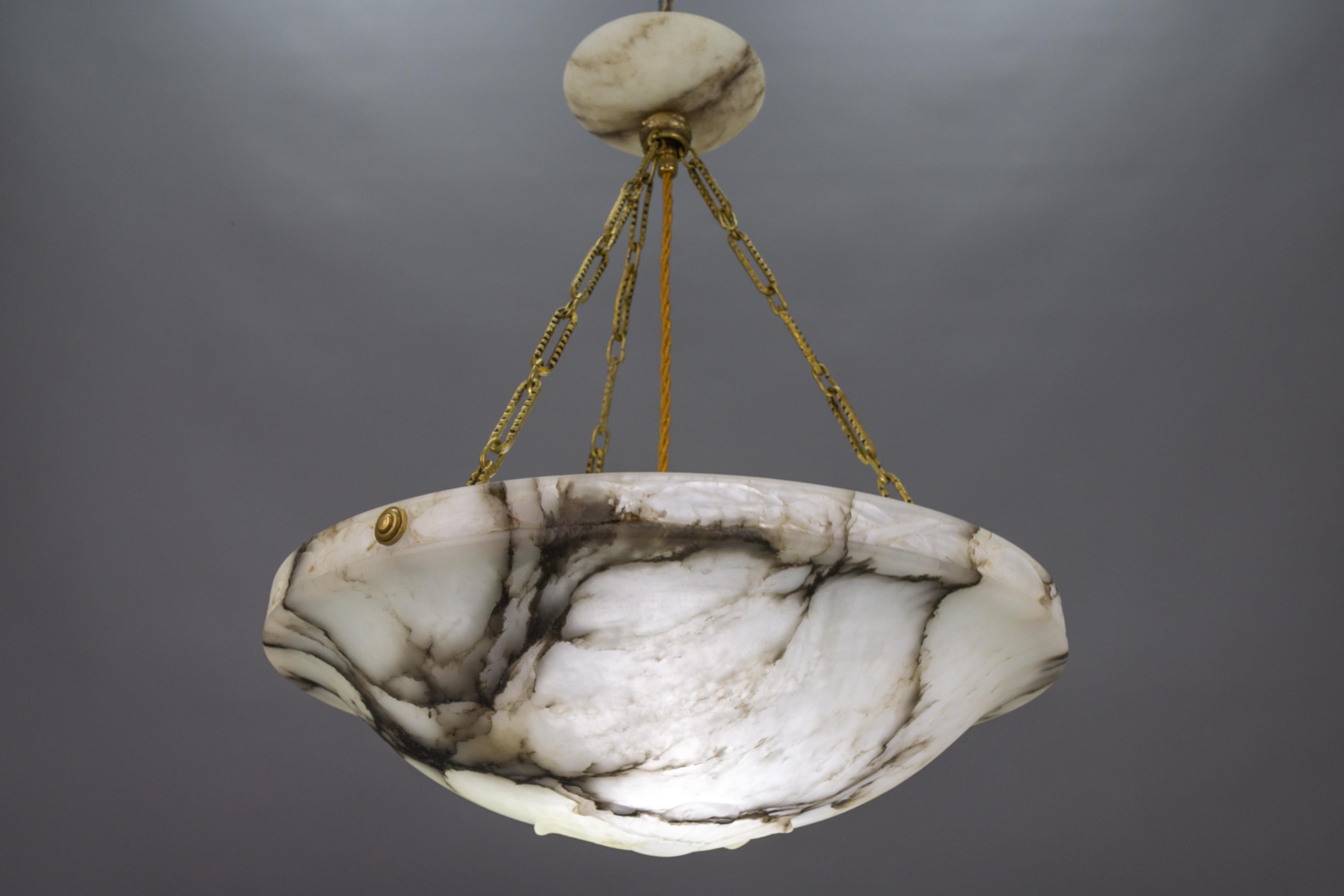 Bronze French Art Deco White and Black Alabaster and Brass Pendant Light, ca 1920
