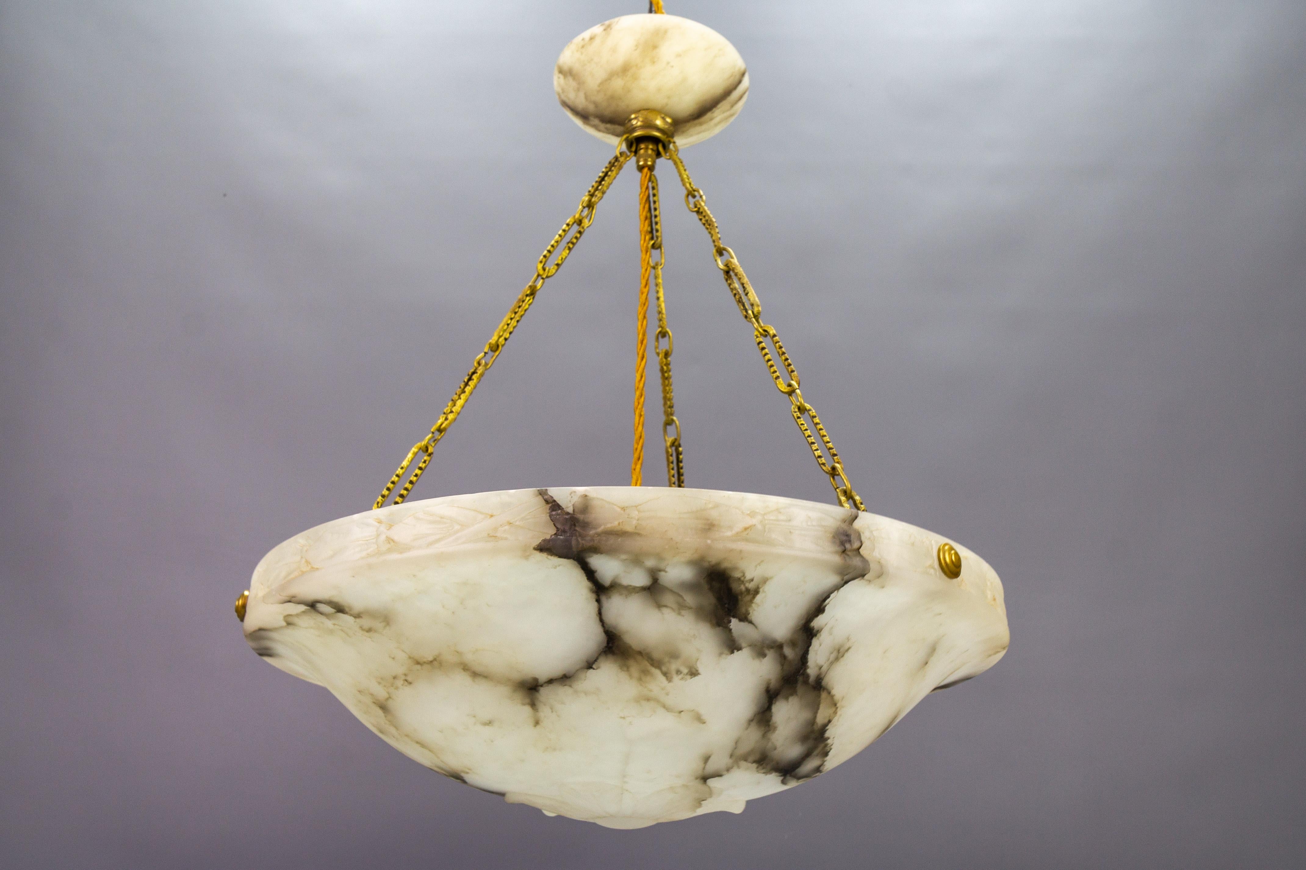 French Art Deco White and Black Alabaster and Brass Pendant Light, ca 1920 2
