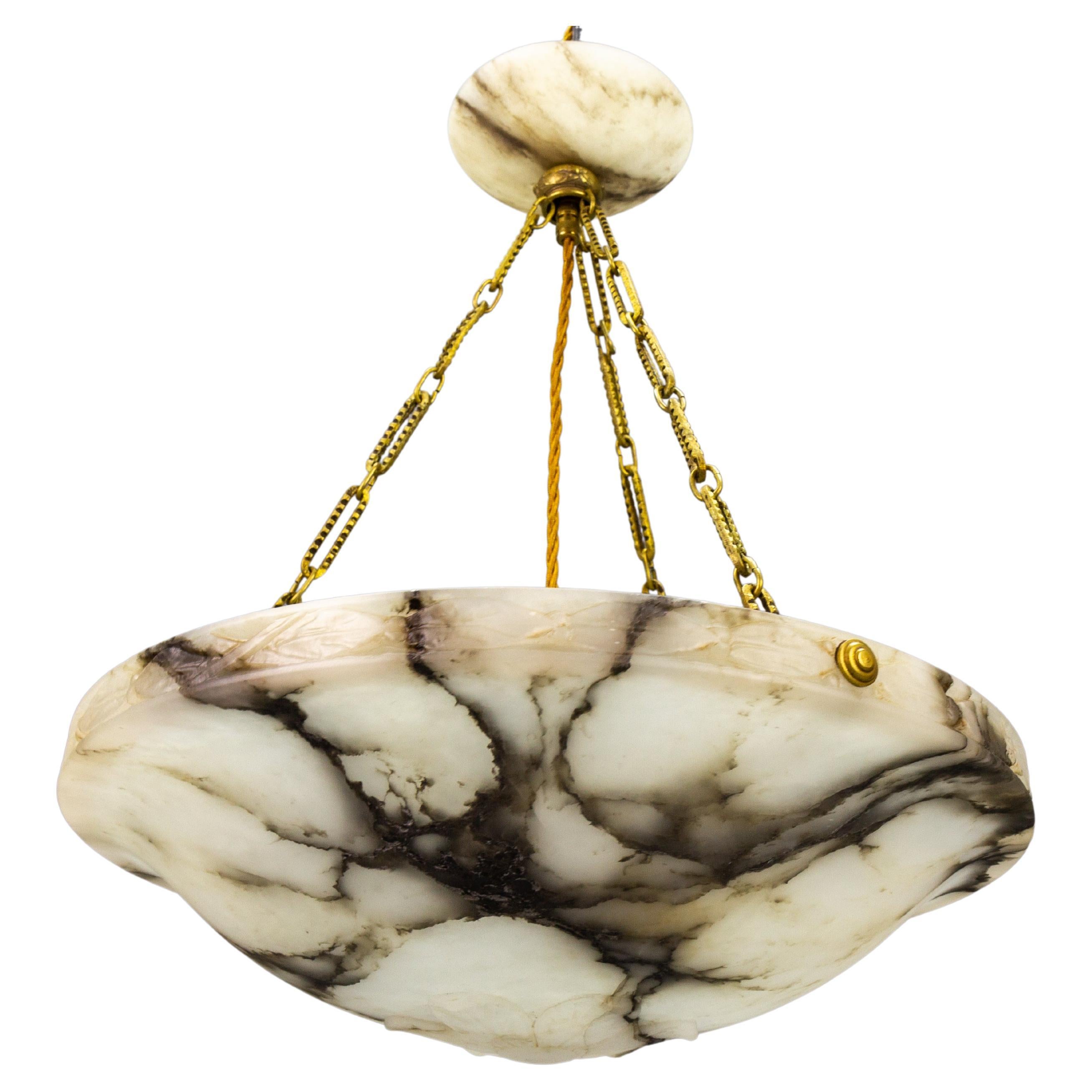 French Art Deco White and Black Alabaster and Brass Pendant Light, ca 1920 For Sale