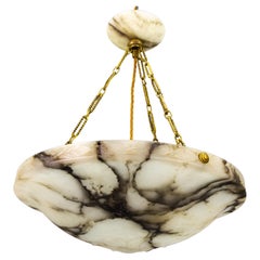 French Art Deco White and Black Alabaster and Brass Pendant Light, ca 1920