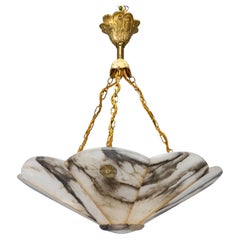French Art Deco White and Black Veined Alabaster and Bronze Chandelier, ca. 1920 French Art Deco White and Black Veined Alabaster and Bronze Chandelier, ca. 1920