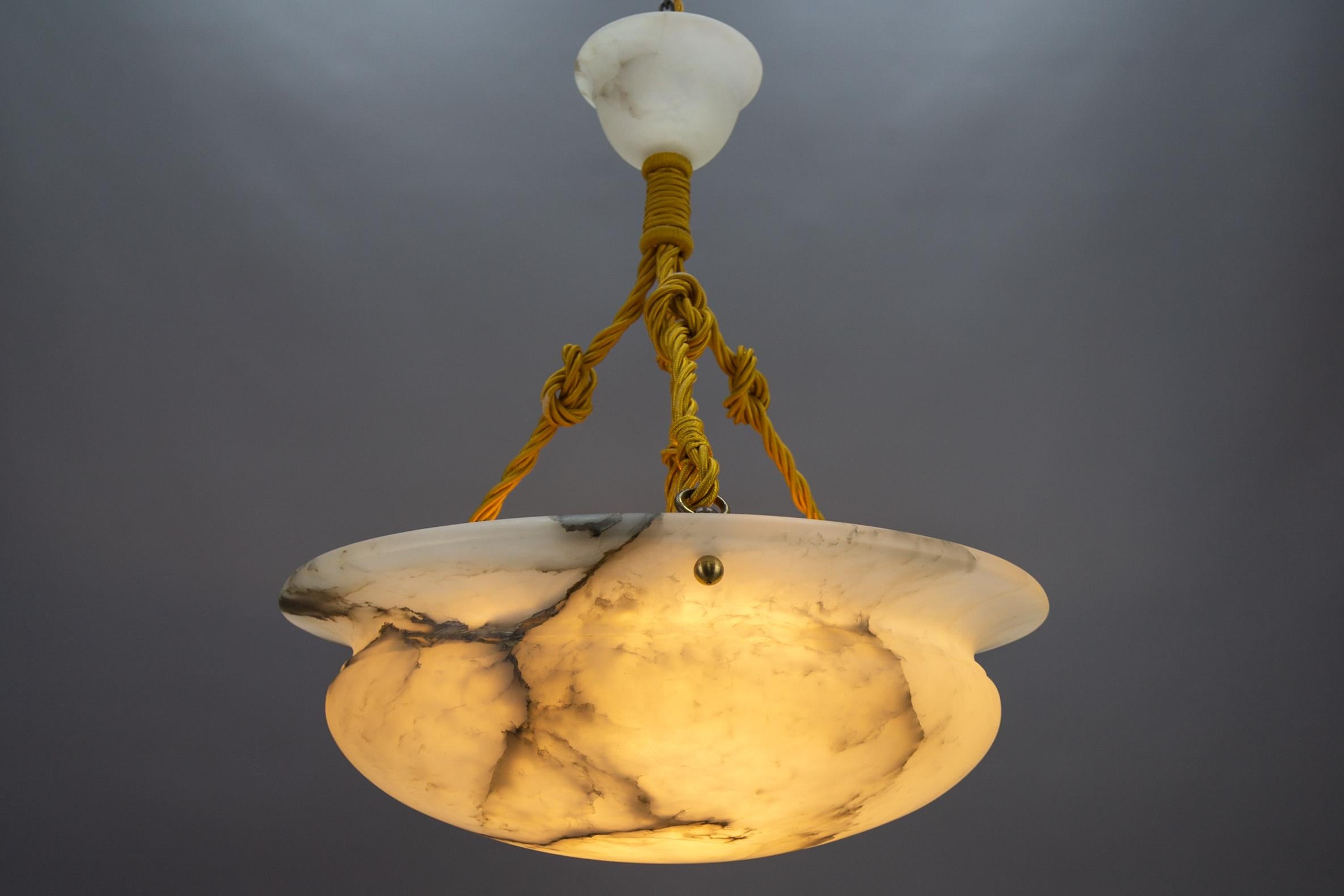 French Art Deco White and Black Veined Alabaster Pendant Light, ca 1920 5