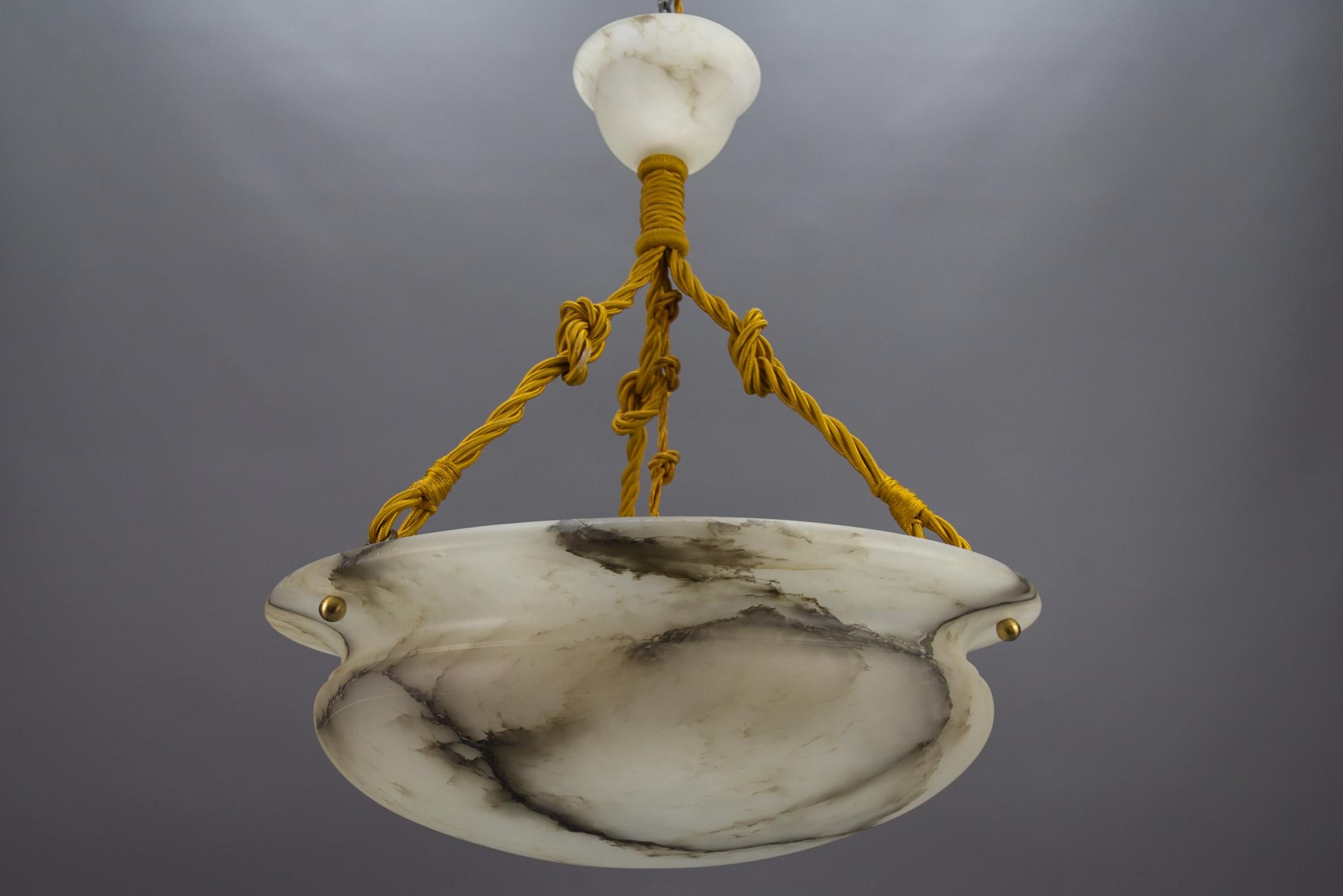 French Art Deco White and Black Veined Alabaster Pendant Light, ca 1920 8