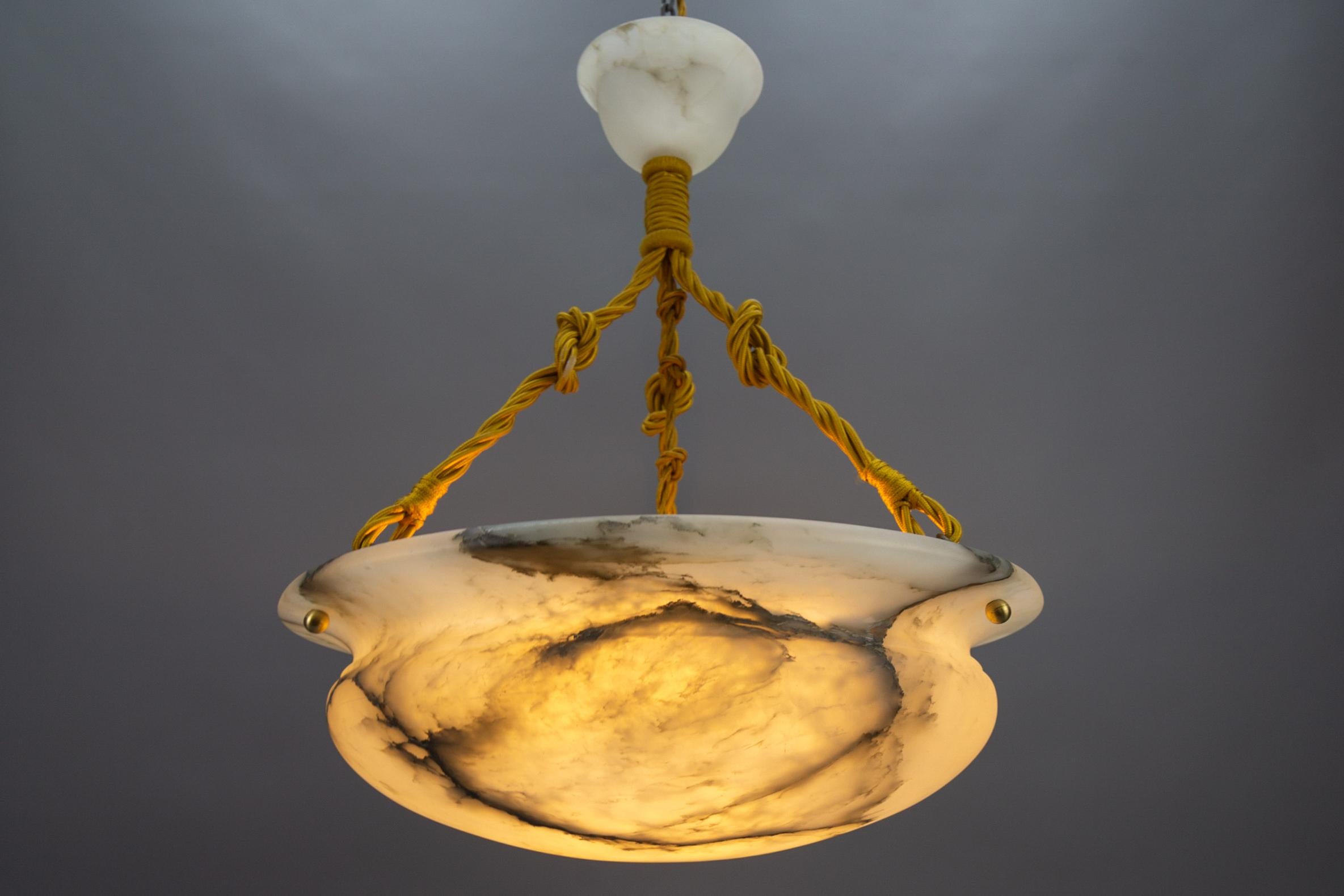 French Art Deco White and Black Veined Alabaster Pendant Light, ca 1920 9