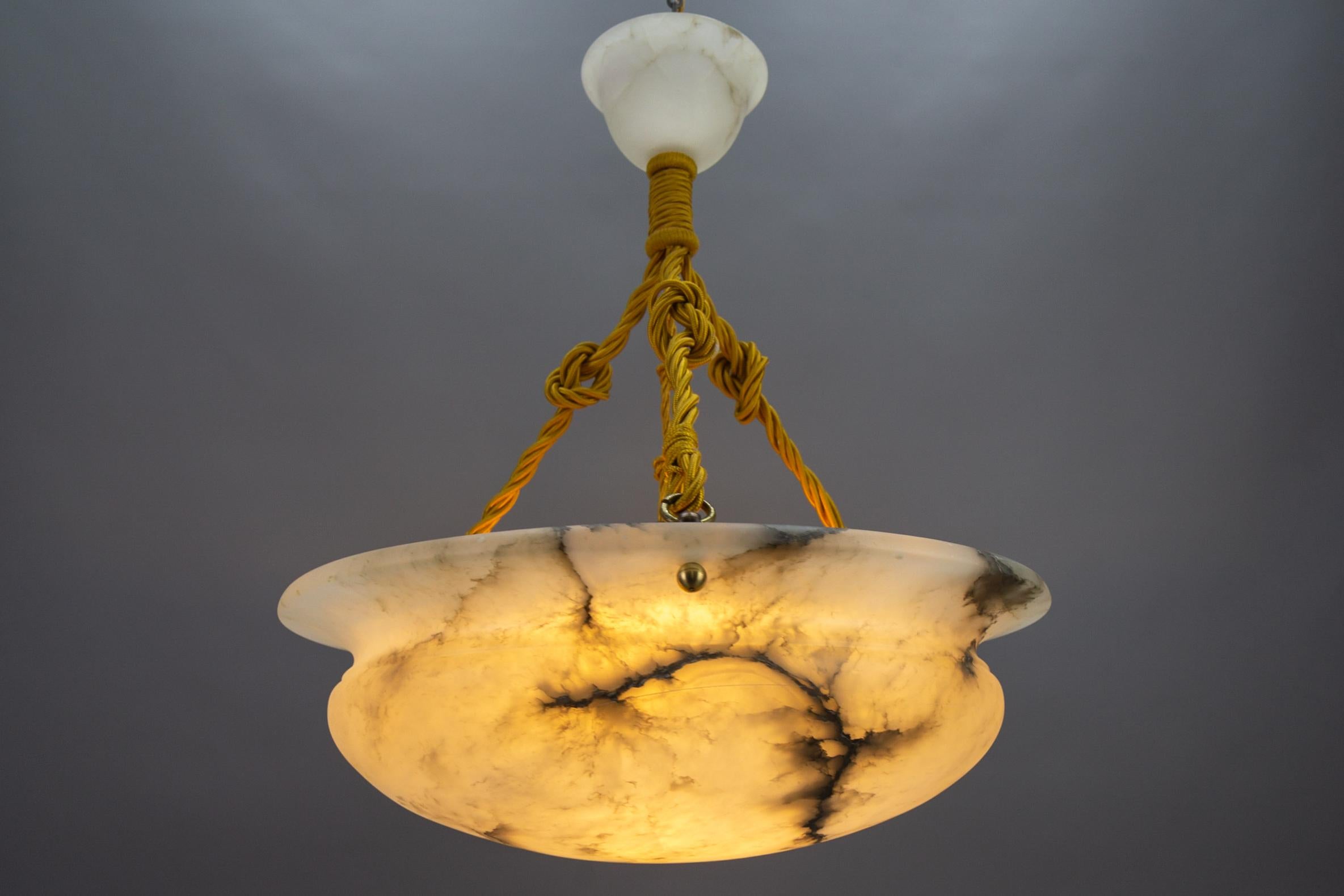 French Art Deco White and Black Veined Alabaster Pendant Light, ca 1920 10