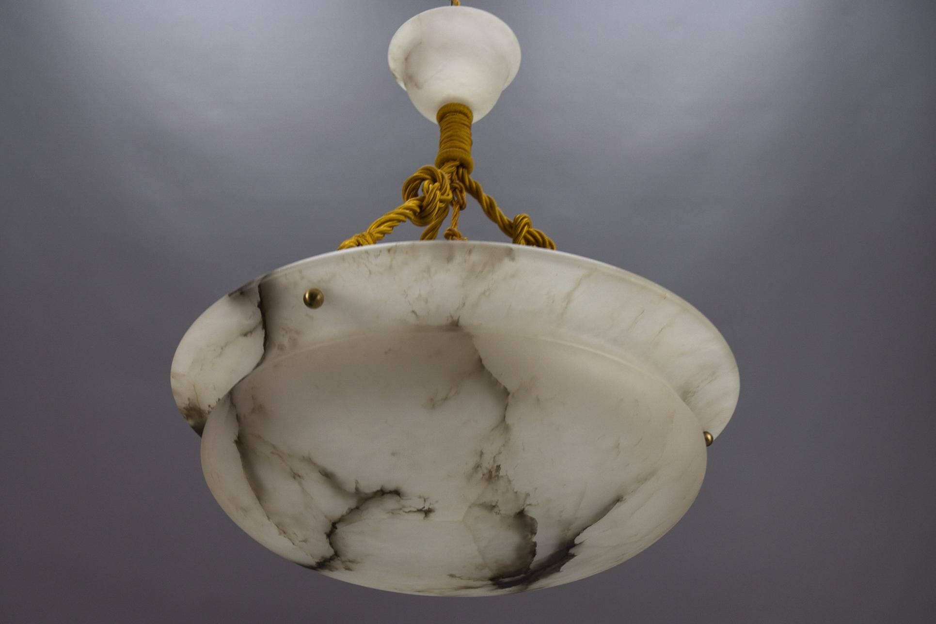 Early 20th Century French Art Deco White and Black Veined Alabaster Pendant Light, ca 1920