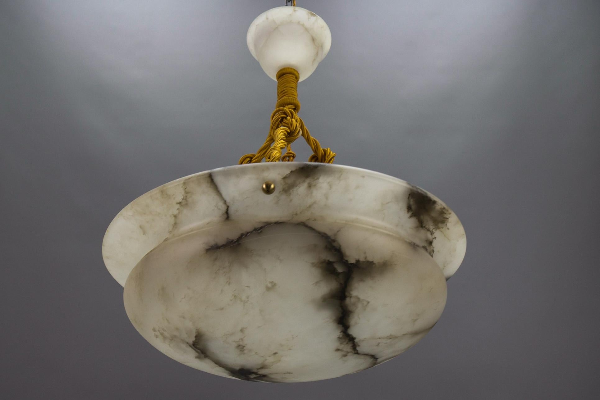 Metal French Art Deco White and Black Veined Alabaster Pendant Light, ca 1920