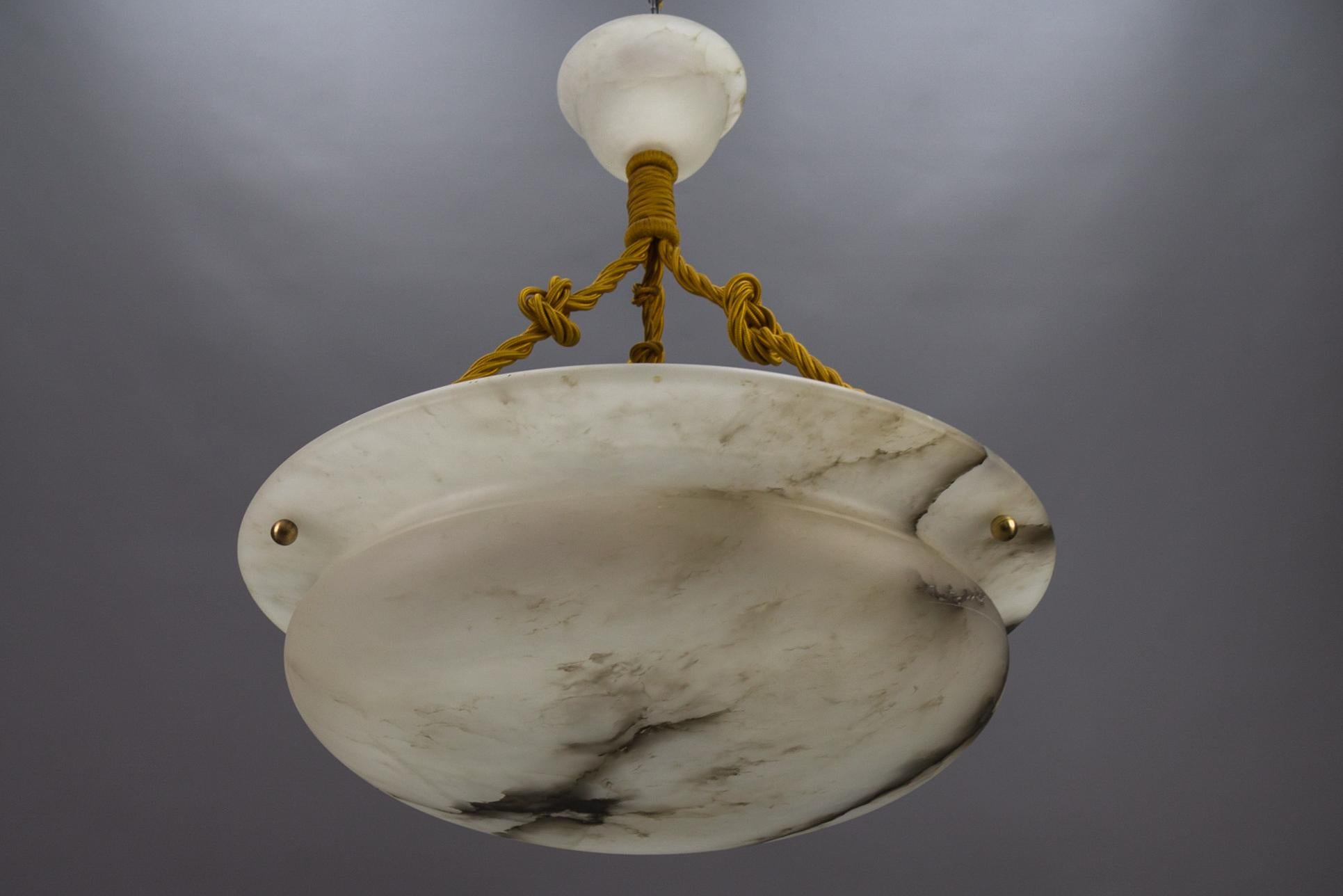 French Art Deco White and Black Veined Alabaster Pendant Light, ca 1920 1
